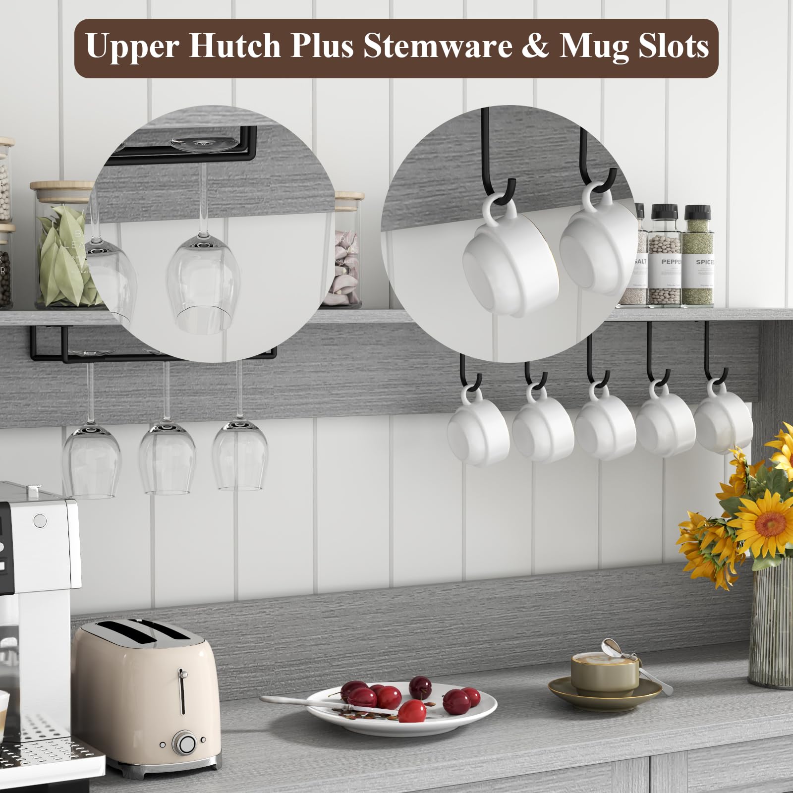 Farmhouse Bar Cabinet with Hutch - Kitchen Buffet Storage Cabinet with 3 Sliding Drawers, Adjustable Shelves & Goblet Holder - Grey - Perfect for Living Room, Dining Room, Home Bar & Entertaining