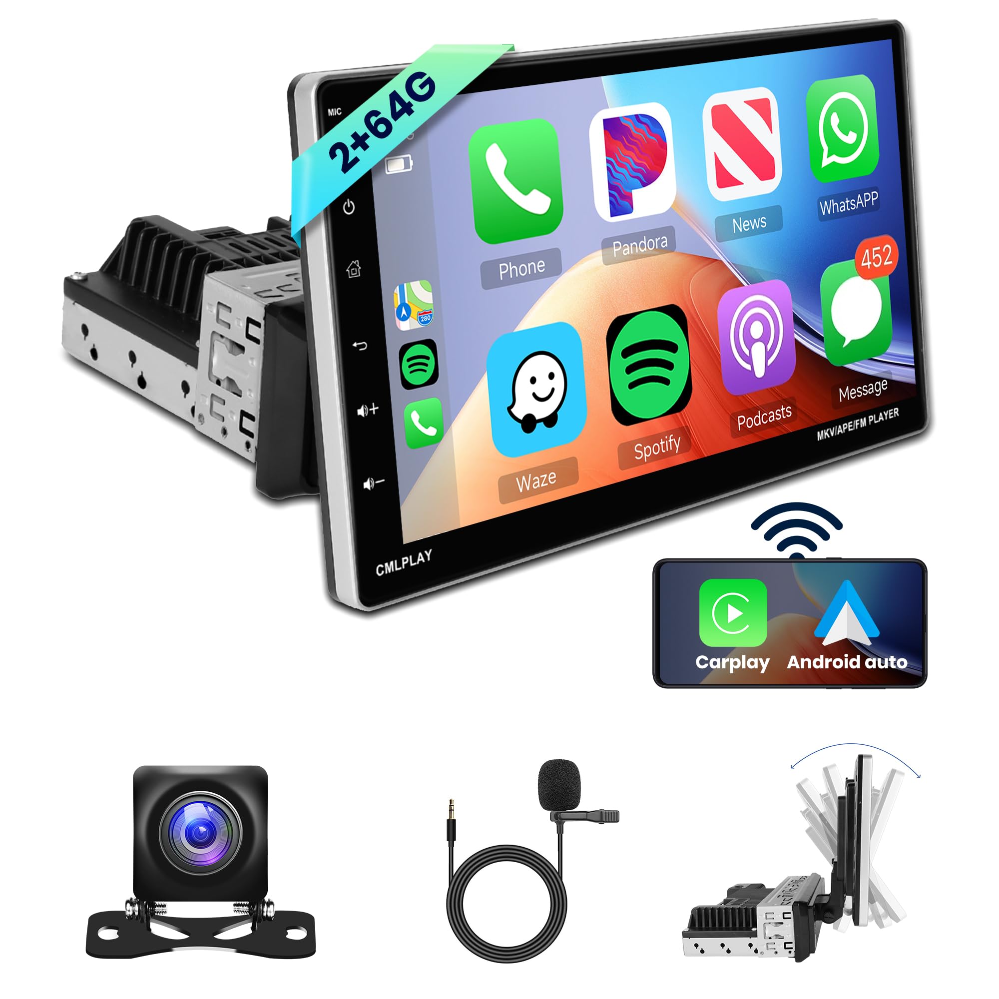 2G+64G Single Din Wireless CarPlay & Android Auto Car Stereo - 9 Inch Touch Screen with WiFi, GPS Navigation, Bluetooth, FM Radio & Backup Camera - Perfect for Seamless Driving & Hands-Free Calls