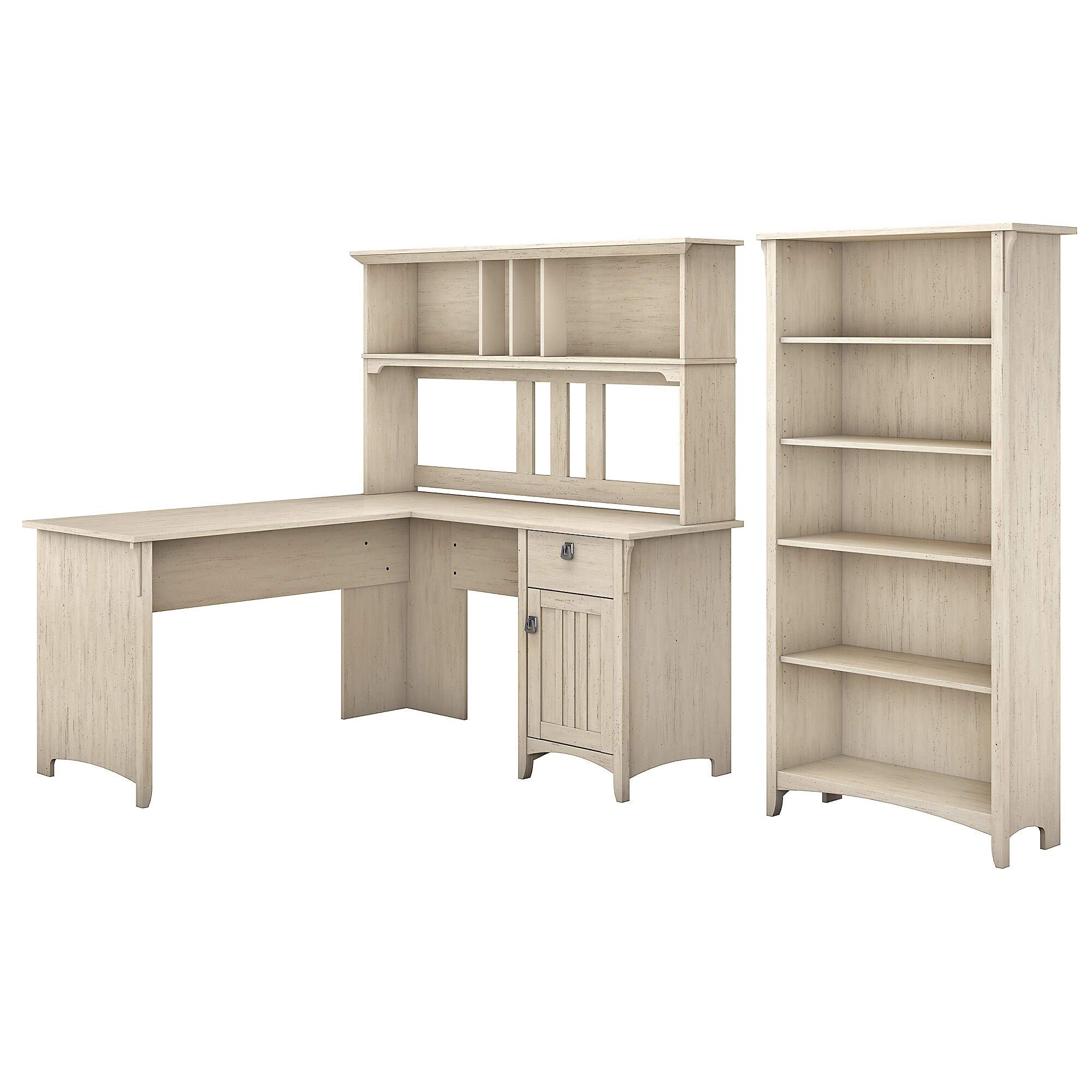 60-Inch White L-Shaped Desk with Hutch & 5-Shelf Bookcase - MDF Computer Workstation for Home Office, Gaming & Study Space