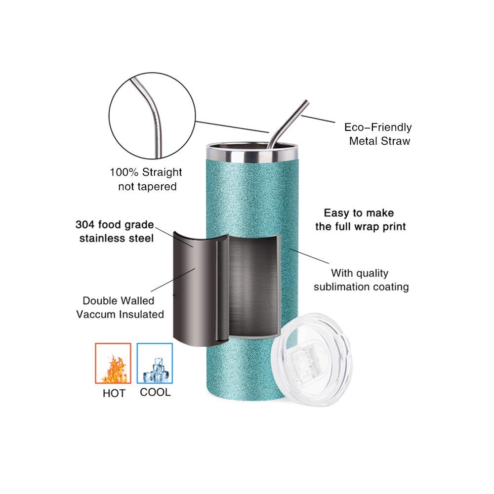 PYD Life 20oz Sublimation Blank Glitter Skinny Tumbler - Teal Stainless Steel Coffee Cup with Lid & Metal Straw - Heat Press & Oven Safe for Sublimation Printing - 4 Pack - Perfect for DIY Crafts, Gifts, and Custom Drinkware