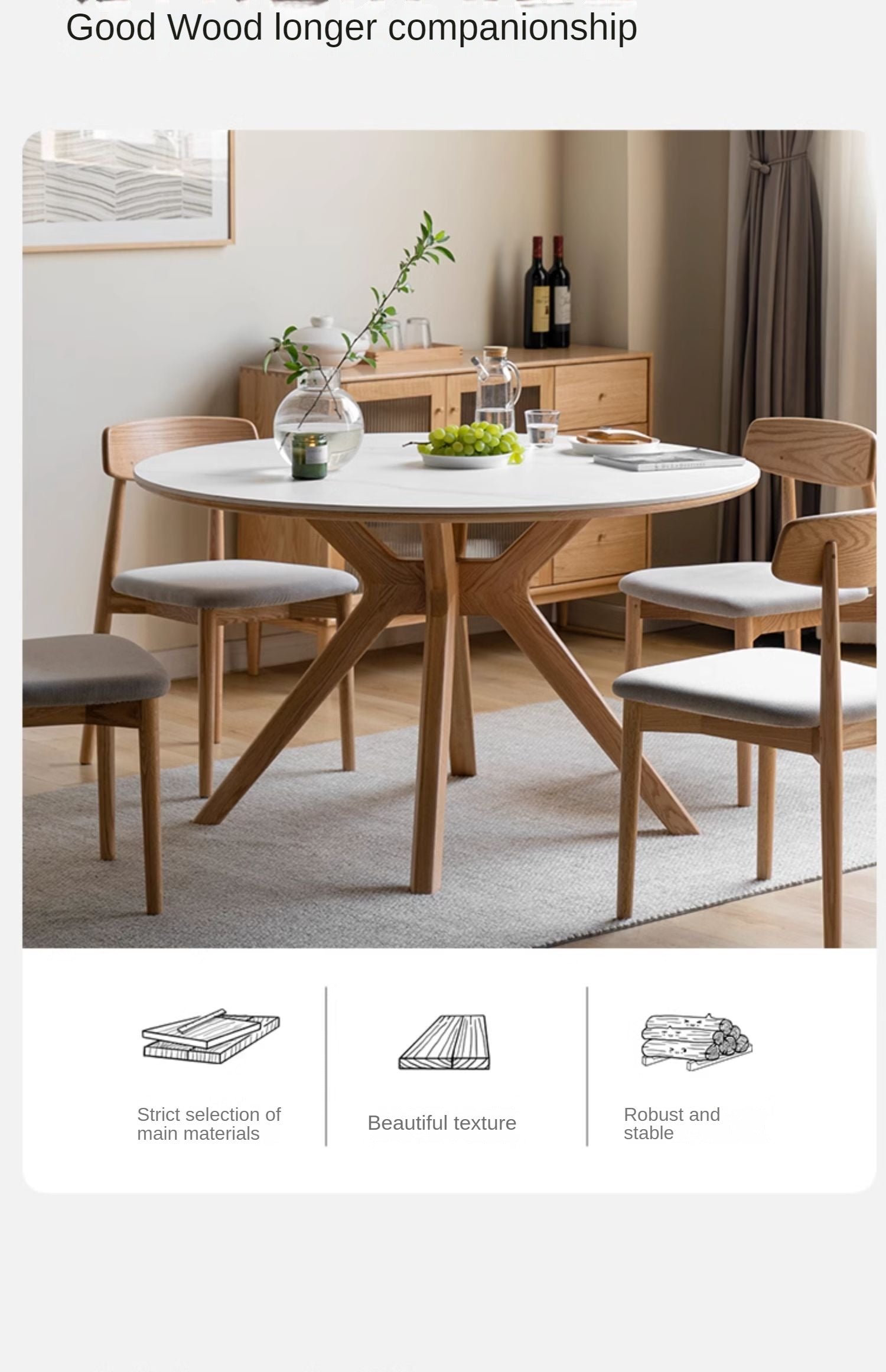 Solid Oak Wood Round Nordic Dining Table with Rock Slab Surface - Modern Farmhouse Kitchen & Dining Room Furniture for Family Gatherings