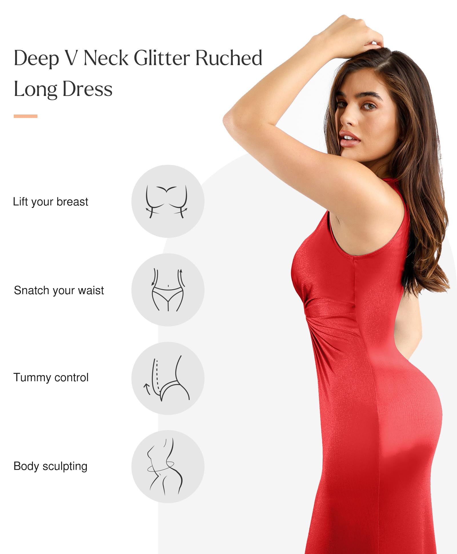 Popilush Shapewear Dress - Ruched Bodycon Maxi Dress with Built-in Shapewear, Deep V Neck & Sleeveless Design for Formal Occasions | Perfect for Weddings, Parties & Evening Events