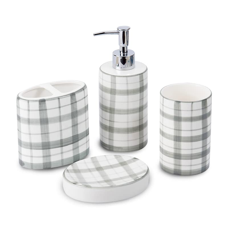 RXLVCKY Ceramic Bathroom Accessory Set - Grey Plaid Soap Dispenser, Toothbrush Holder, Tumbler & Soap Tray - Modern Vanity Countertop Organizer for Bathroom Decor (Perfect for Guest Bathrooms, Master Suites & Apartment Decor)