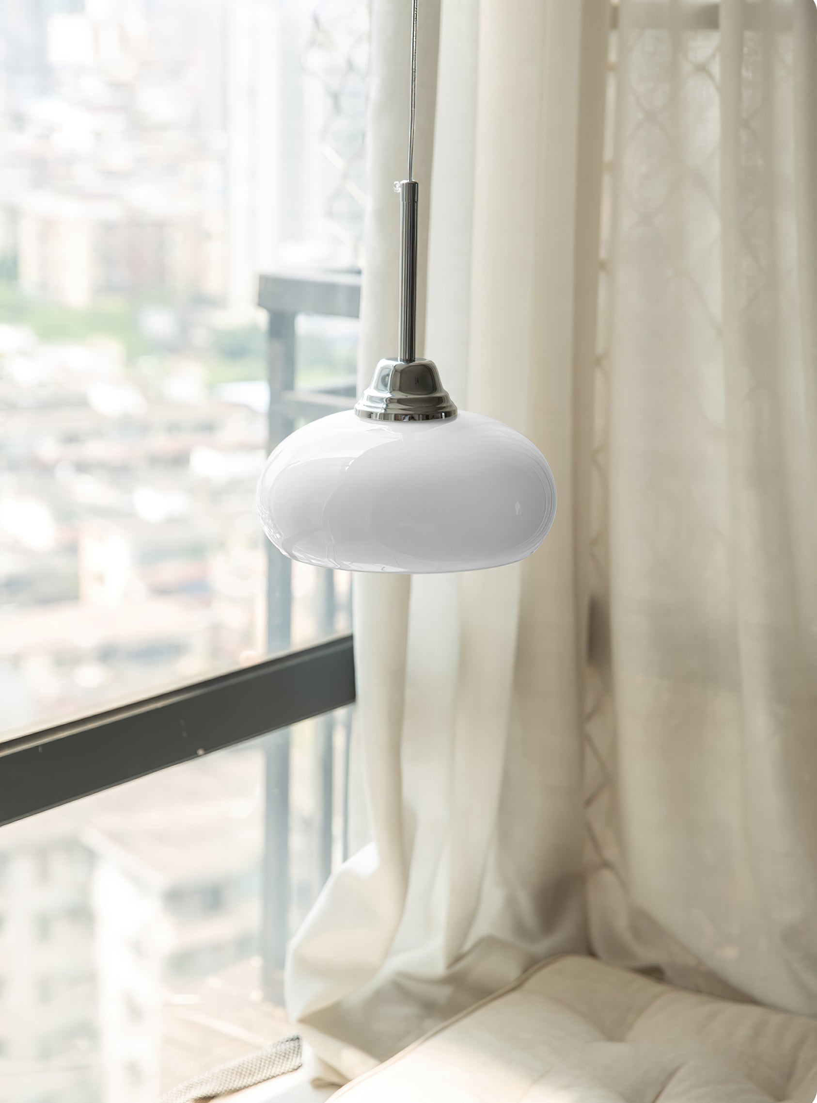 Modern Cream Glass Pendant Light - Elegant Hanging Chandelier for Kitchen Island, Dining Room & Bedroom Lighting - Dimmable LED Ceiling Fixture with Frosted Shade