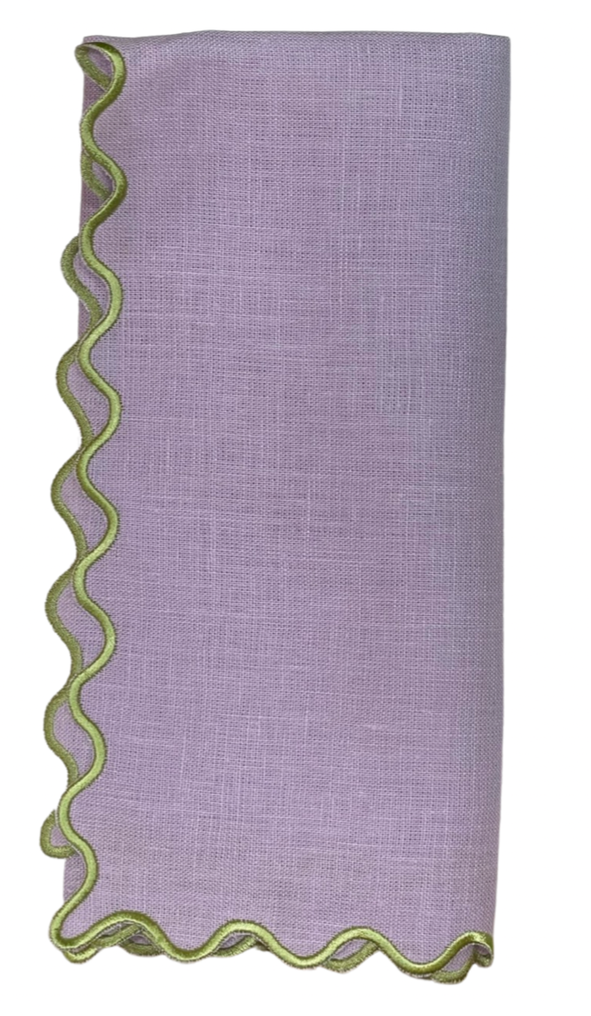 Elegant Purple and Green Single Scallop Napkins - Premium Linen Dinner Napkins for Wedding, Party, and Formal Dining Decor