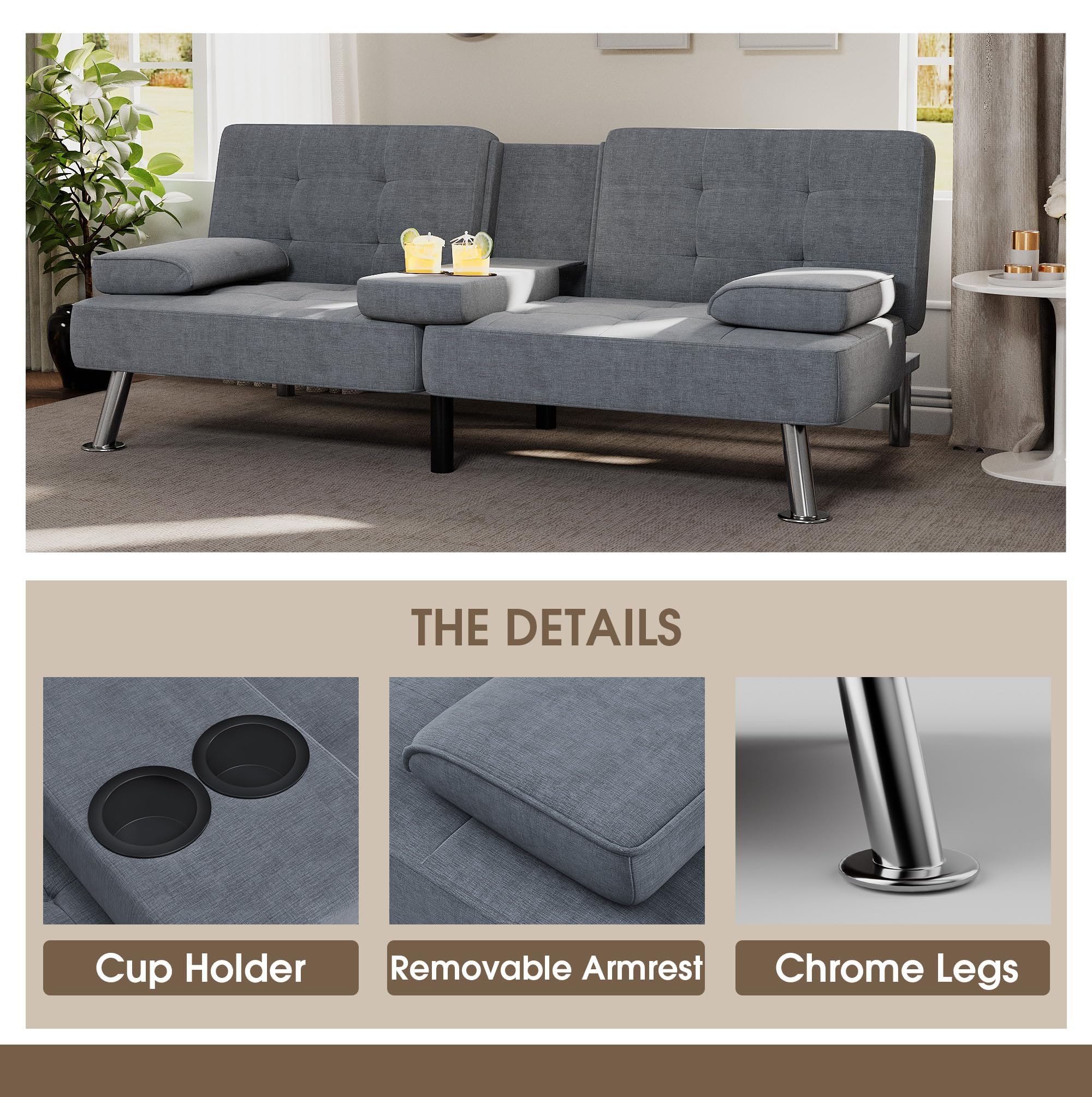 Modern Folding Futon Sofa Bed - Convertible Linen Fabric Recliner Lounge with 2 Cup Holders & Removable Armrests for Living Room, Bedroom or Guest Room (Grey) - Space-Saving Multi-Functional Furniture for Small Apartments & Home Offices