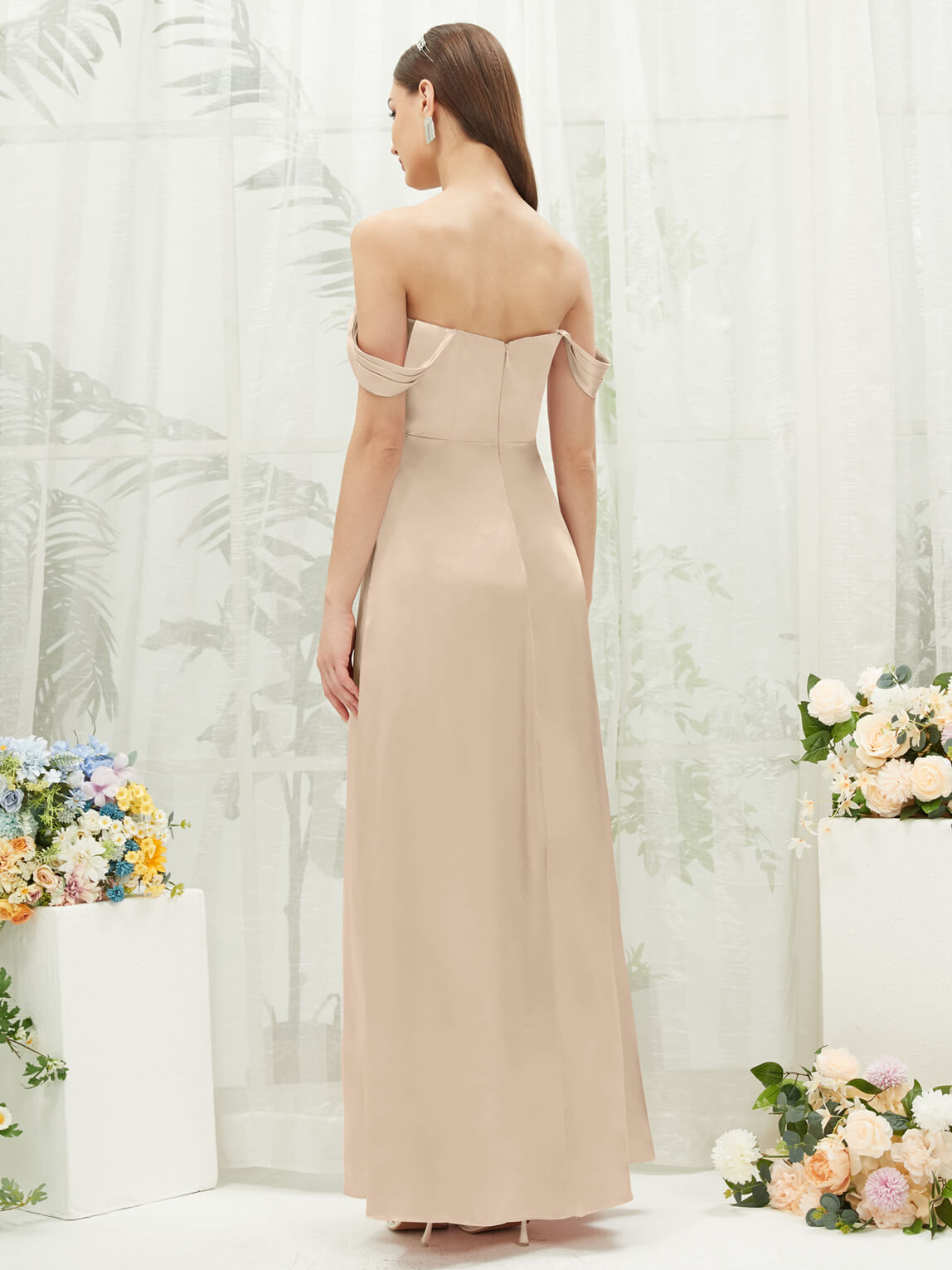 Elegant Champagne Satin Convertible Bridesmaid Dress with High Slit & Floor Length - Perfect for Weddings, Formal Events & Special Occasions