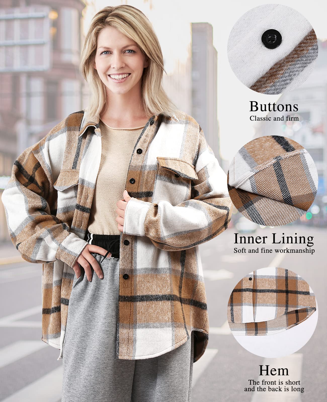 VeMee Women's Casual Wool Blend Plaid Brushed Pocketed Down Lapel Shirt Jacket - Loose Fit Button Coat for Winter, Spring & Fall - Perfect for Office, Travel and Outdoor Activities