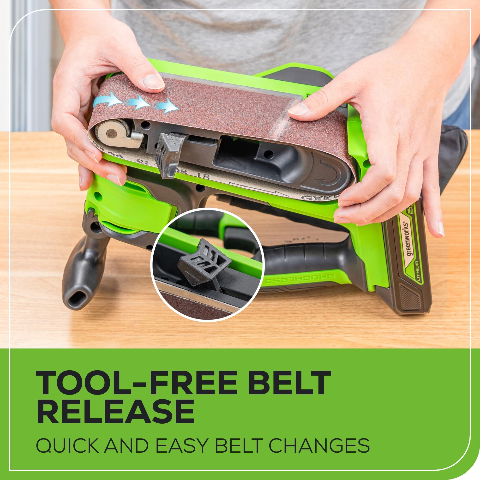 Greenworks 24V Brushless Cordless Belt Sander Kit - 3in x 18in Portable Battery Powered Sander with 4Ah Battery, Charger, Dust Bag & 60 Grit Sandpaper | Ideal for Woodworking, DIY Projects & Home Renovations