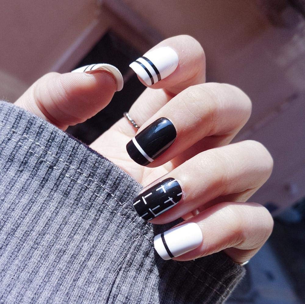 HUJL Short Black & White False Nails with Stripes & Dotted Design - Press On Nail Tips for Easy Nail Art | Perfect for Parties, Weddings & Everyday Wear