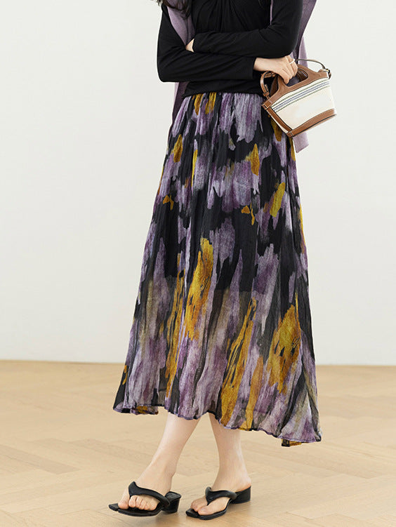 Premium Purple Printed Ramie Pleated A-Line Skirt for Women - 2025 Spring & Summer Fashion Trendy Flowy Floral Design - Perfect for Casual Outings, Office Wear, and Special Occasions