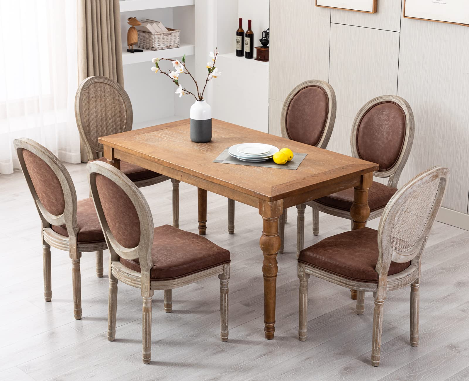 Kmax PU Leather Dining Room Chairs Set of 8 - French Farmhouse Style Round Back Kitchen Chairs for Living Room & Dining Area, Brown - Perfect for Home Decor, Family Gatherings & Entertaining Guests