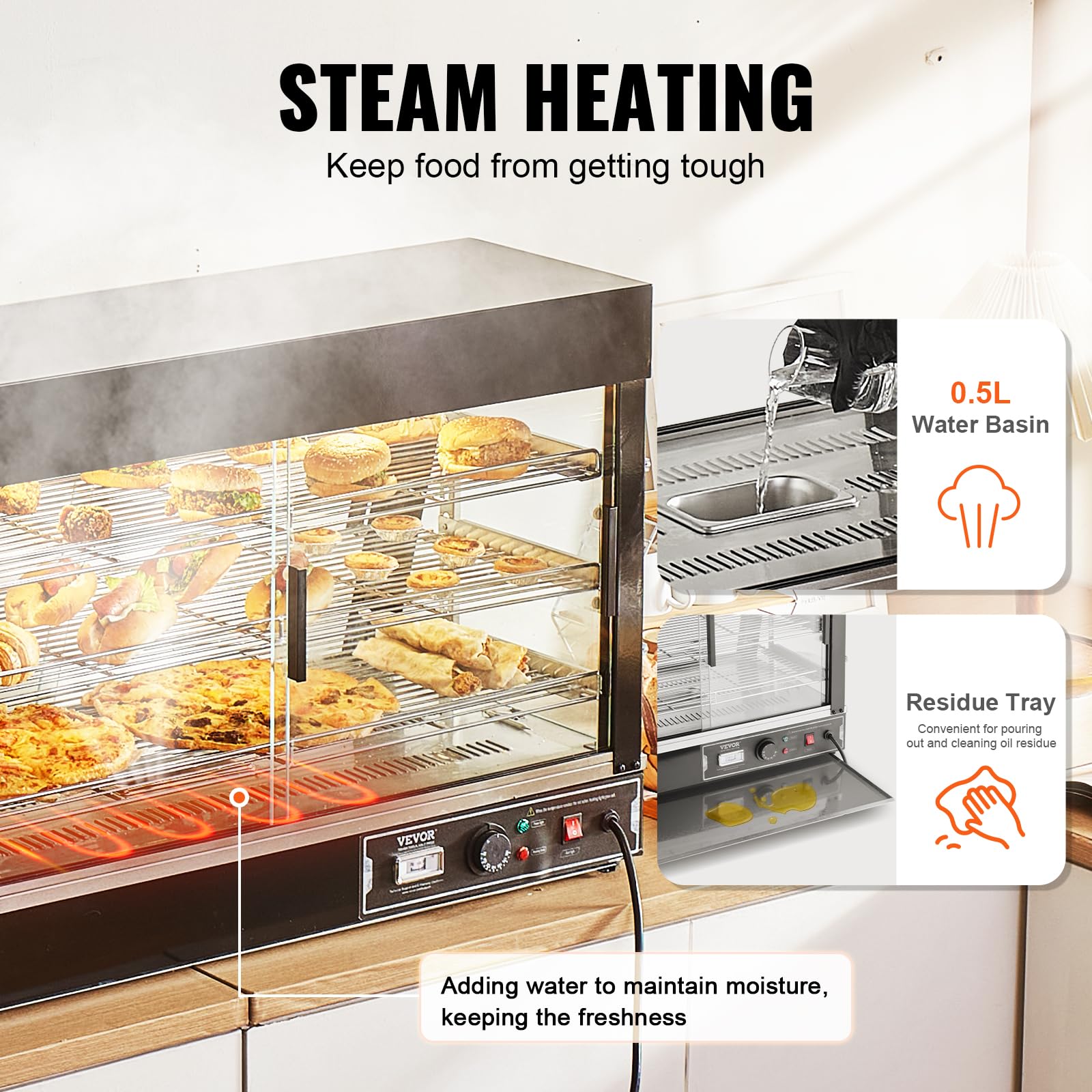 VEVOR 3-Tier Commercial Food Warmer Display - 1500W Stainless Steel Countertop Food Warmer with LED Light, Adjustable Shelves & Digital Temperature Control (86℉~185℉) - Perfect for Restaurants, Cafes & Buffets to Keep Pizza, Burgers, Fried Chicken & Bread Warm & Fresh