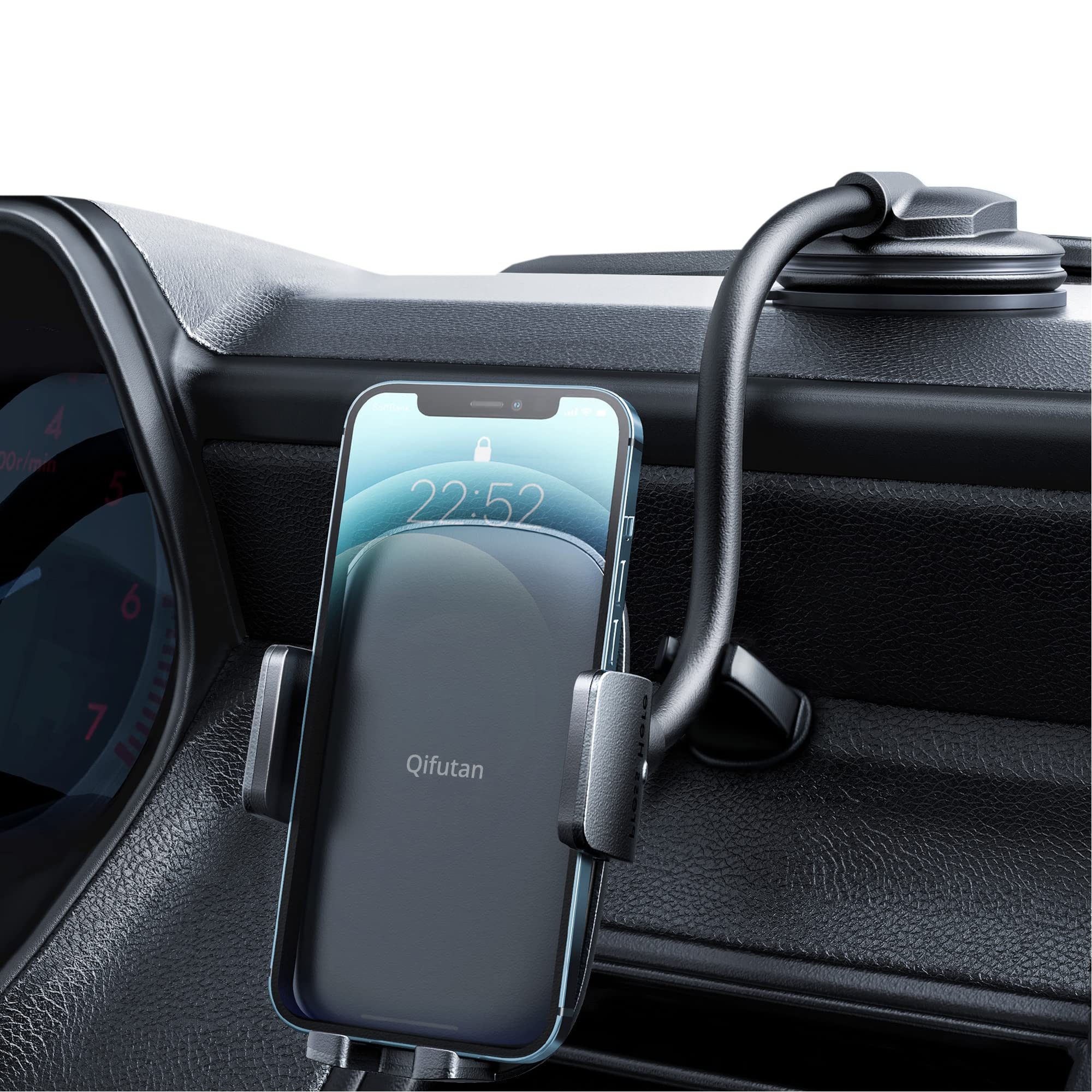 Qifutan Long Arm Car Phone Mount Holder - Anti-Shake Dashboard & Windshield Phone Stand for iPhone, Android Smartphones (Black) | Perfect for GPS Navigation, Hands-Free Calling & Road Trips