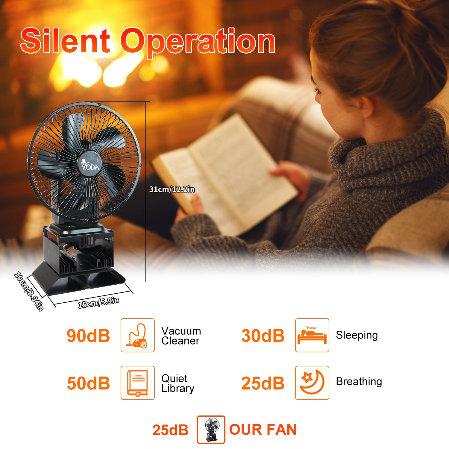 Eco-Friendly Heat Powered Oscillating Stove Fan with Shell Protection - Silent & Efficient for Wood Stoves, Fireplaces & Home Heating - VDSF695RB