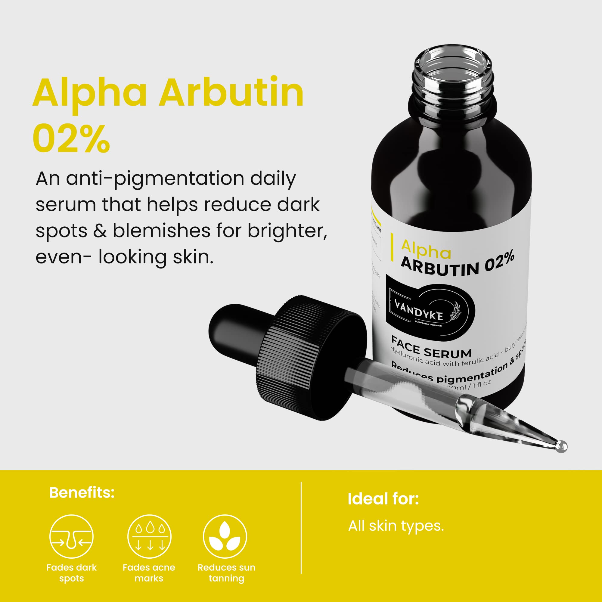 Vandyke 2% Alpha Arbutin Brightening Serum for Dark Spots, Hyperpigmentation & Acne Scars - 30ml | Skin Lightening Treatment for Face | Perfect for Daily Skincare Routine & Nighttime Use