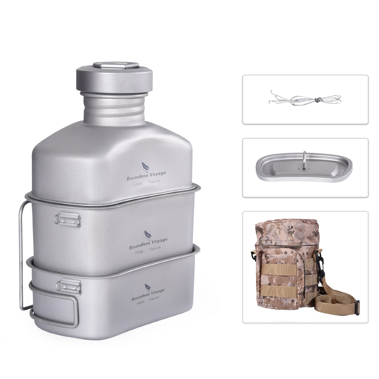 Boundless Voyage Titanium Camping Cookware Set - Lightweight Canteen Mess Kit with Lid, Hanging Chain & Camouflage Bag - Large Capacity Kidney-Shaped Pot & Pan for Outdoor Cooking, Hiking, Backpacking & Survival Adventures