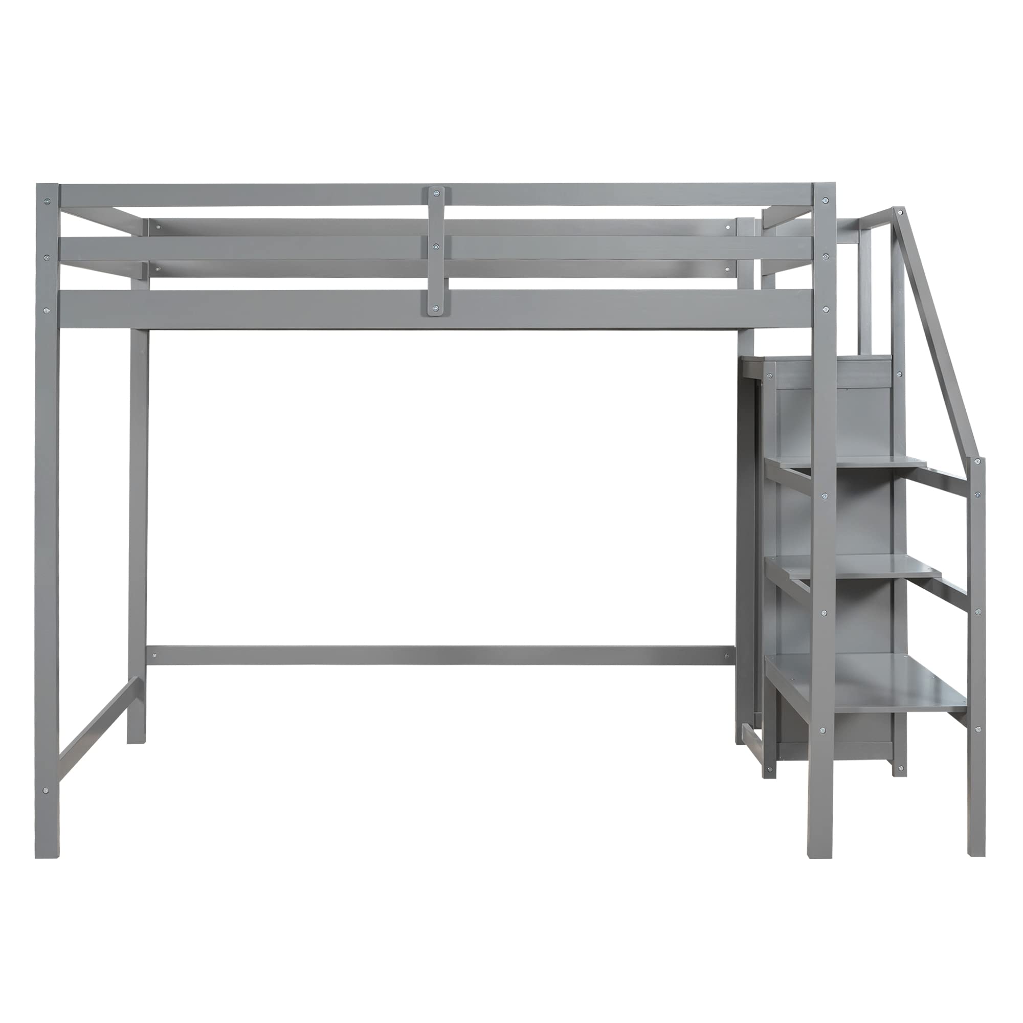 KLMM Full Size Loft Bed with Built-in Storage Wardrobe & Staircase - Modern Solid Wood Loft Bed Frame with Safety Guard Rail - No Box Spring Needed (Gray/Storage+F) - Perfect for Small Spaces, Dorms, Apartments & Kids' Rooms