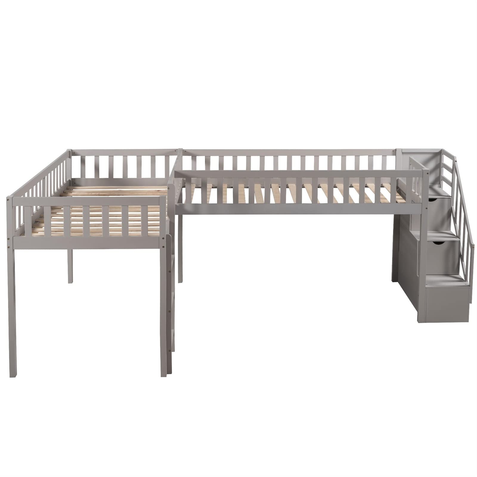 Modern Minimalist Wooden Twin Size Loft Bed with Staircase Ladder - Gray L-Shaped Space-Saving Bed Frame for Small Bedrooms, Kids Rooms & Dorm Rooms | Sturdy Wooden Bed Base with Storage Options