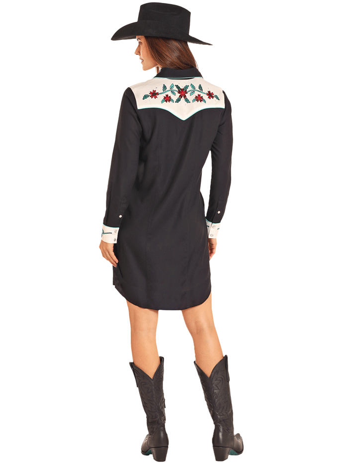 Panhandle LWD2R04664 Women's Long Sleeve Yoked Snap Embroidered Dress Black - Perfect for Casual Outings, Church Events & Fall Weddings