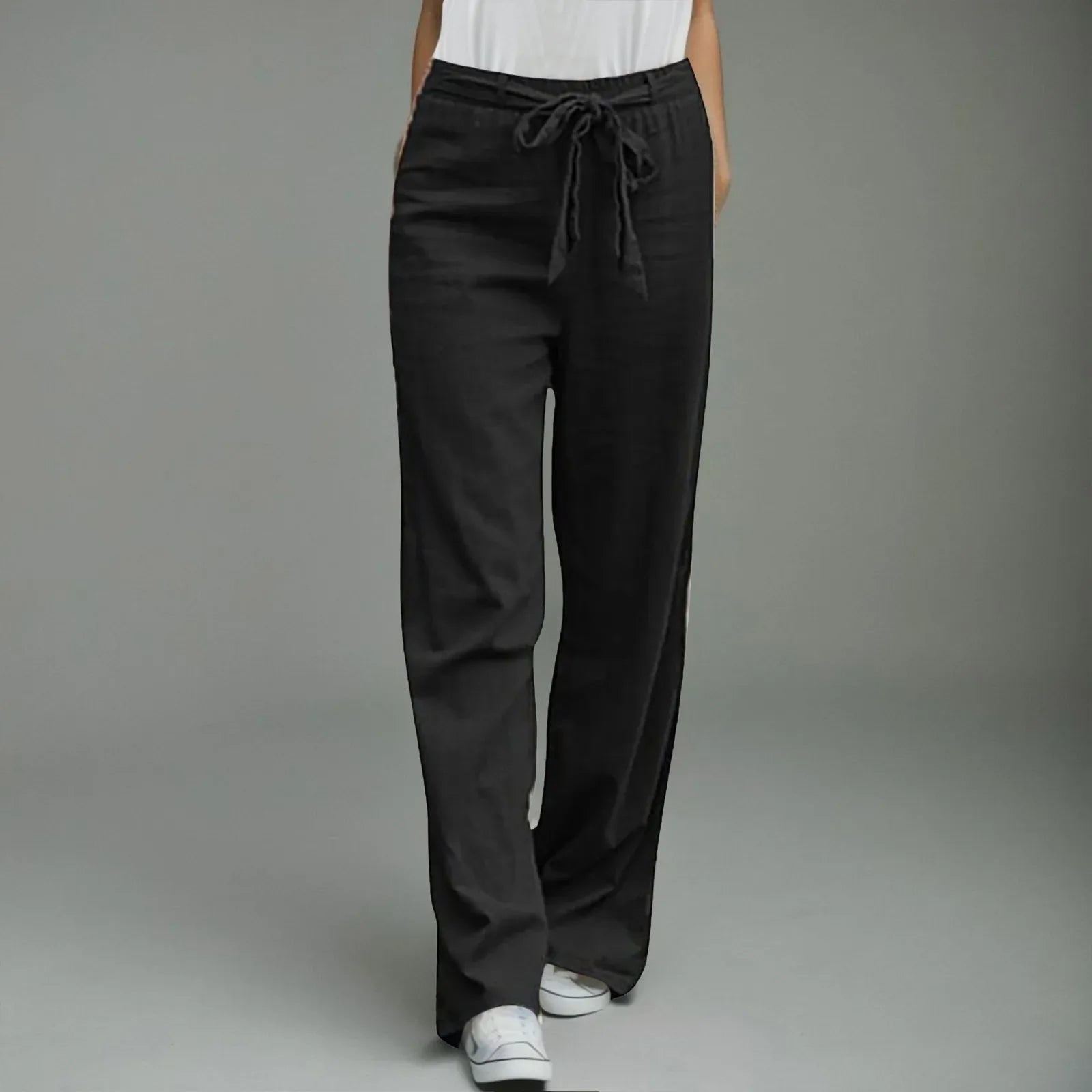 Women's Casual Straight Leg Pants - Solid Color Drawstring Waist Loose Fit Oversized Trousers | Comfortable Lounge Wear for Home, Office & Travel