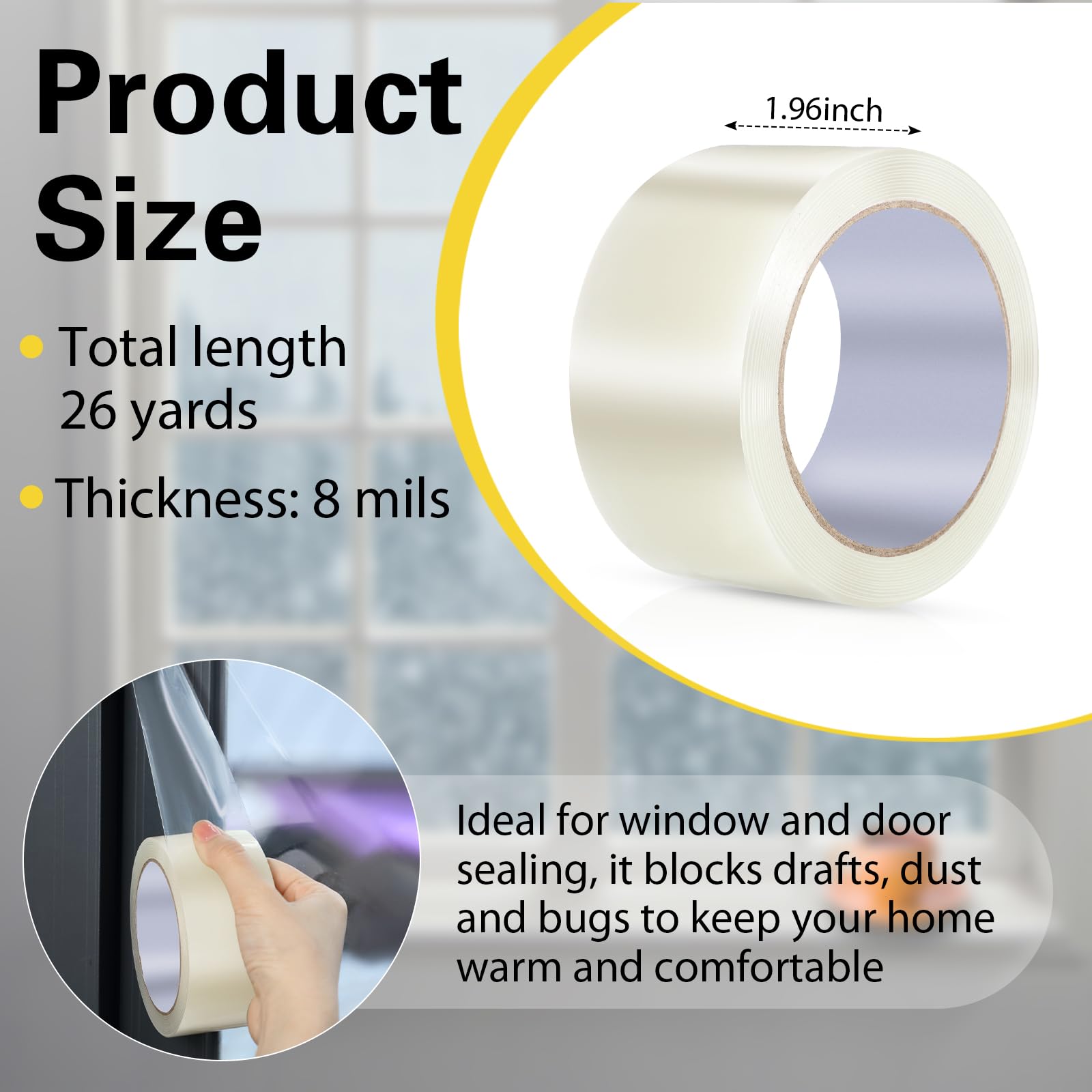 Transparent Window Insulation Tape - 2 Inch x 26 Yard Weatherproof Seal for Winter Doors & Windows | No Residue, Draft Proof | Perfect for Home Energy Efficiency & Cold Weather Protection
