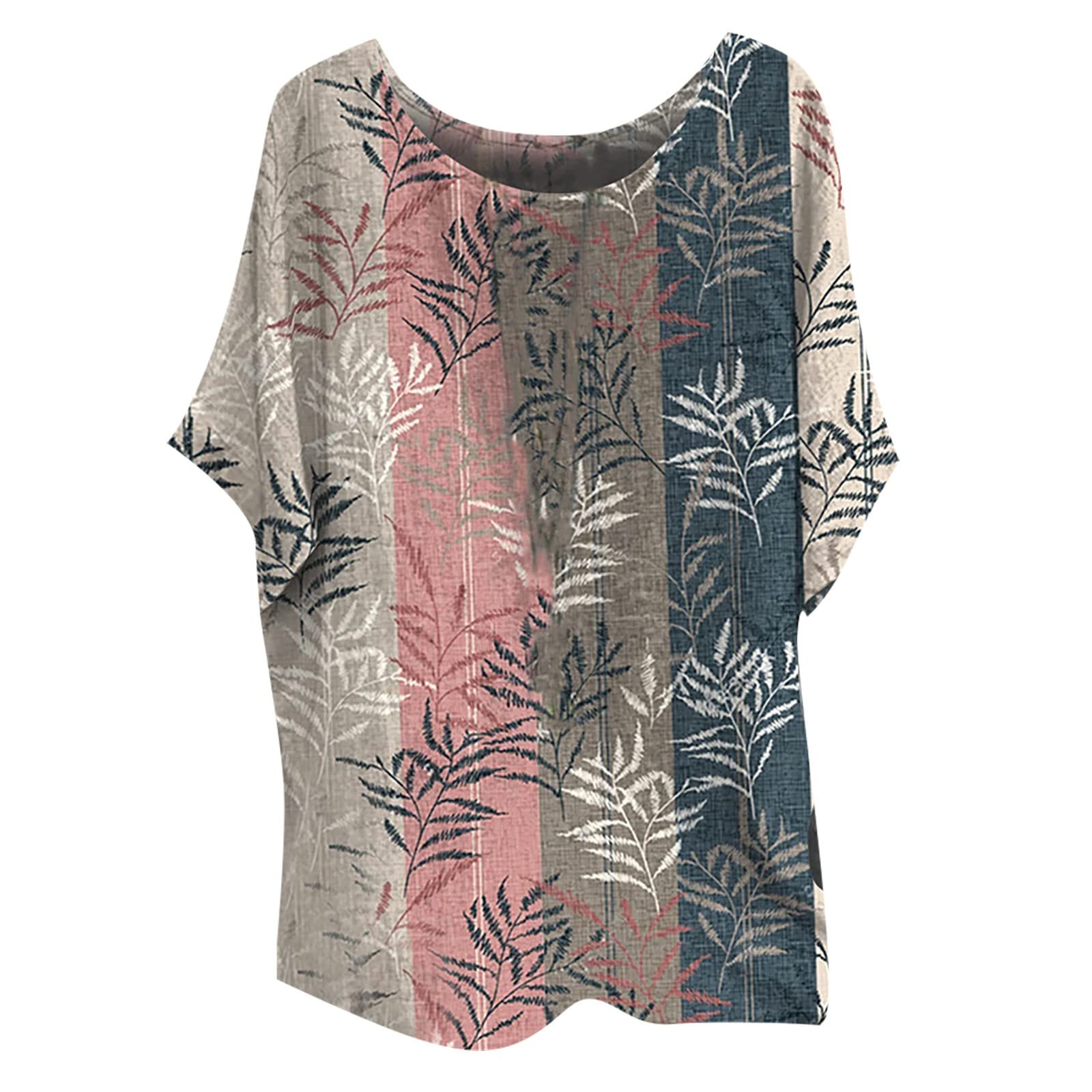 Women's Floral Print Batwing Sleeve Cotton Blouse - Summer Loose Fit Crewneck T-Shirt for Casual Wear, Beach Outings & Office Outfits
