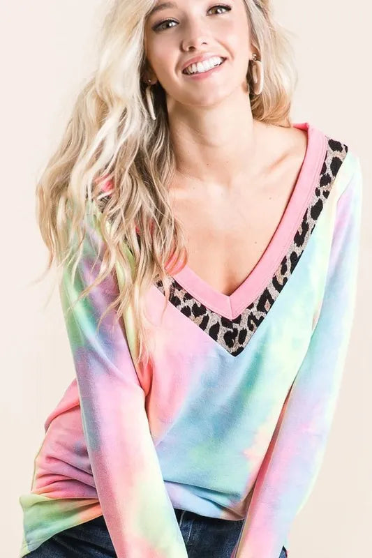 BiBi Tie Dye Terry V Neck Top - Soft Cotton Women's T-Shirt for Casual Wear, Summer Outfits & Beach Vacations