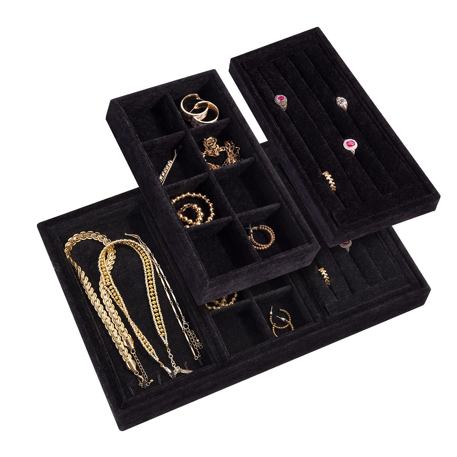 Houseables Jewelry Organizer Tray Set - 4-Piece Stackable Black Velvet Storage Box for Earrings, Rings, Necklaces & Bracelets (13.8