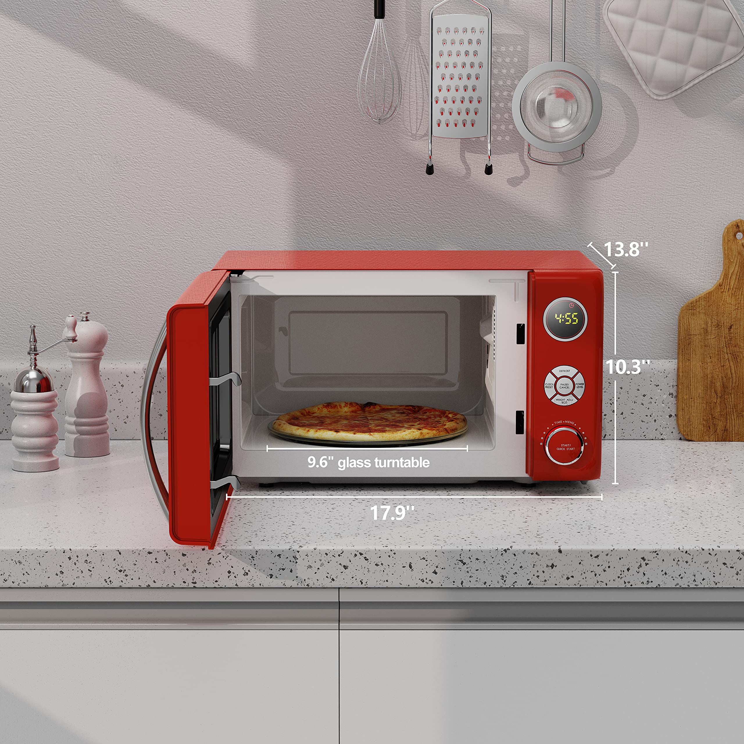 Galanz GLCMKA07RDR-07 0.7 Cu.Ft Compact Microwave Oven with LED Lighting, Pull Handle & Child Lock - Retro Red Design for Small Kitchens, Dorms & Office Break Rooms