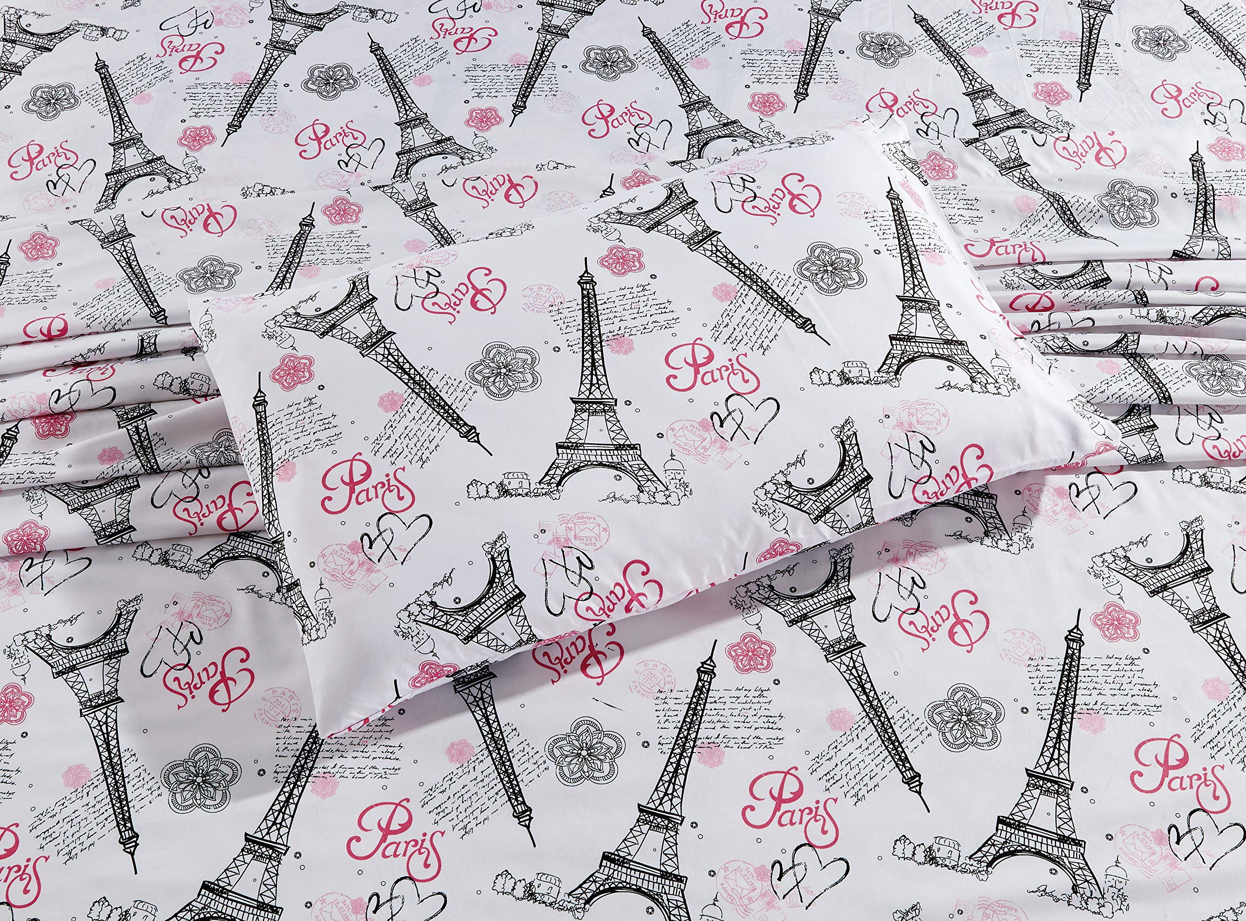 Better Home Style Paris Eiffel Tower Bonjour with Hearts Flowers 3-Piece Sheet Set - Twin Size (White) for Girls, Kids & Teens - Perfect for Bedrooms, Dorm Rooms & Sleepovers