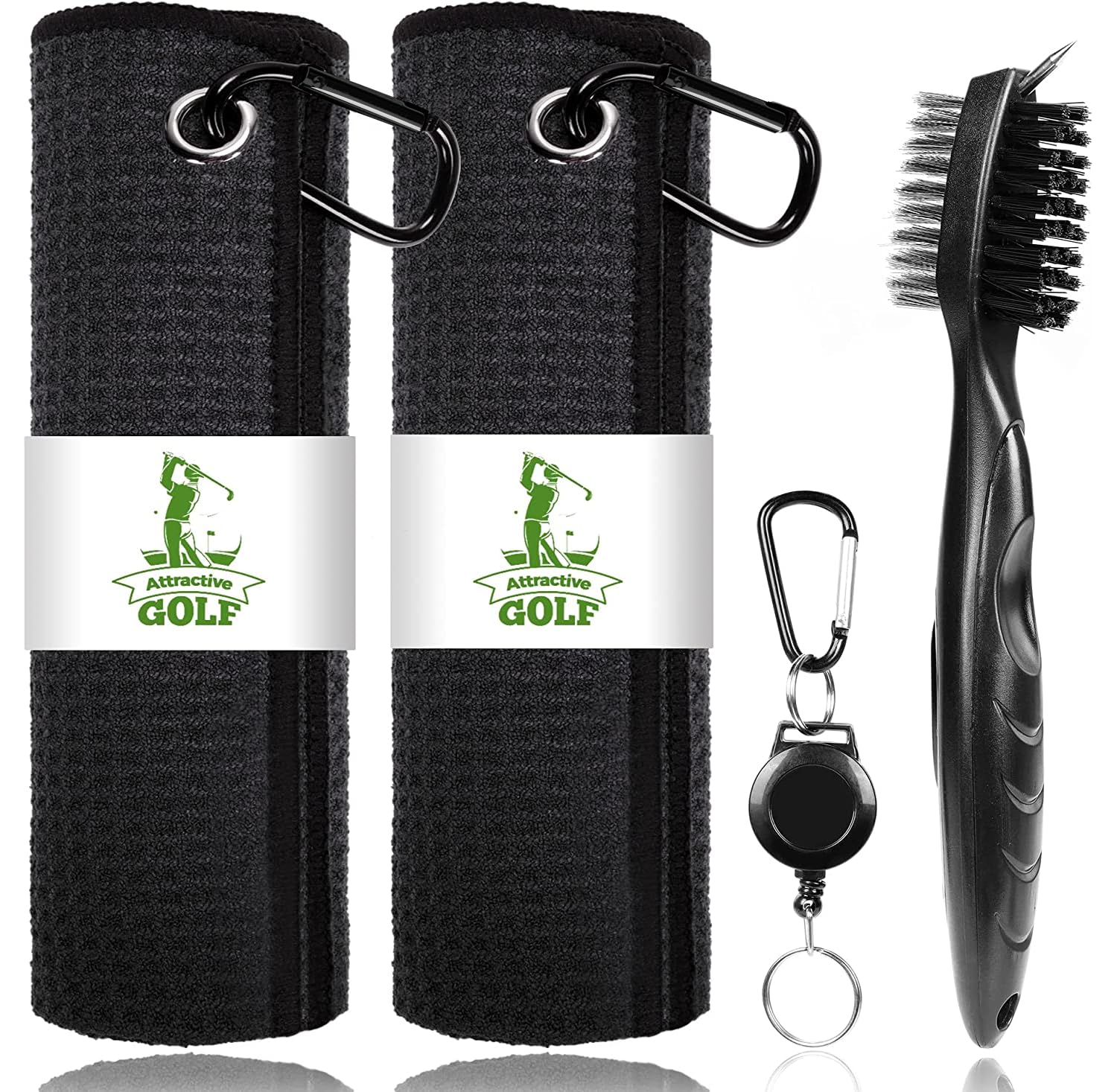 Premium Microfiber Waffle Golf Towels with Club Cleaning Brush Set (2 Black Towels + Black Brush) - Super Absorbent, Quick-Dry for Golf Course, Gym & Sports Use