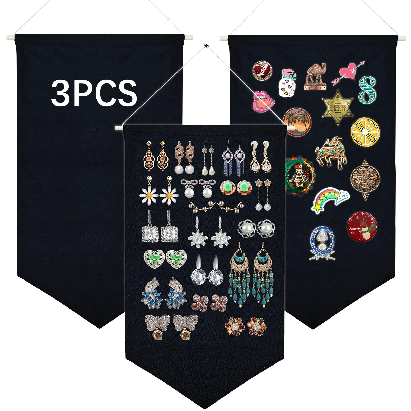 3 PCS Canvas Banners Wall Hanging Jewelry Organizer - Brooch Storage Case, Enamel Pin Display Stand, Sublimation Blank Banner for Earrings & Necklace Collection - Perfect for Craft Shows, Boutique Displays & Home Organization