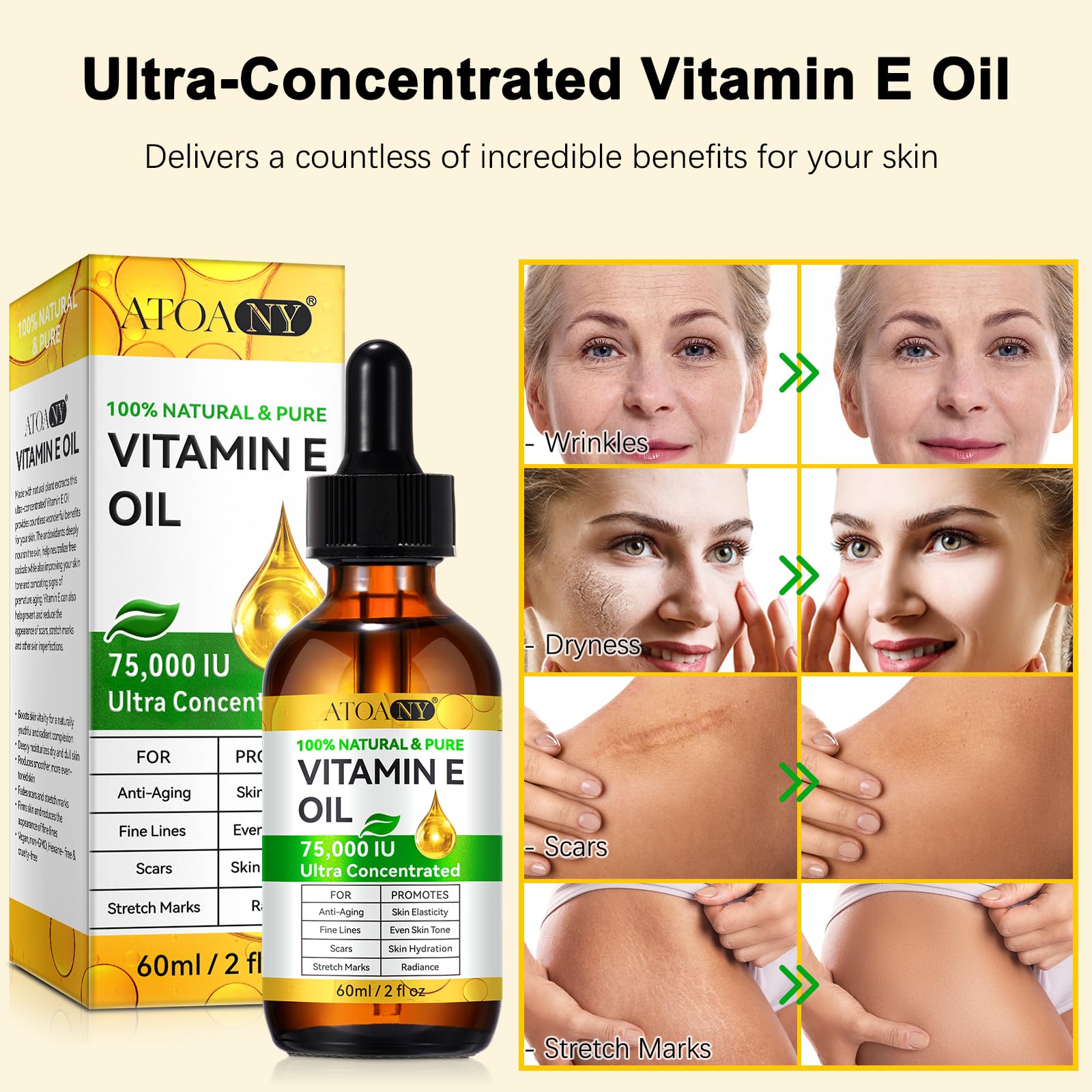 75,000 IU Ultra Pure Organic Vitamin E Oil for Face & Skin Care - 2 Pack - Hydrates & Nourishes Dry Skin, Reduces Wrinkles & Scars - Perfect for Night Routine & DIY Beauty Treatments