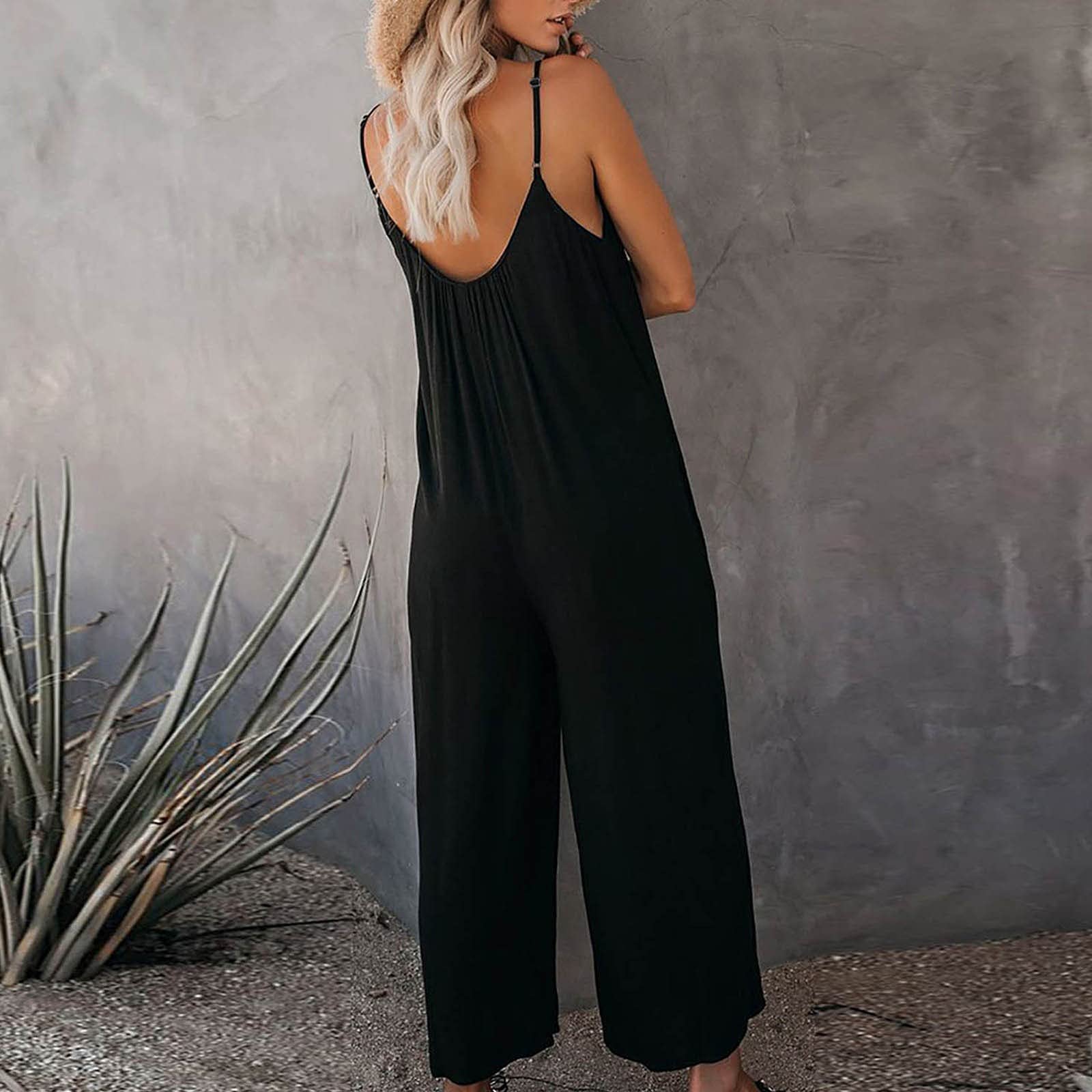 Women's Plus Size Summer Jumpsuit - Wide Leg Romper with Pockets for Casual Outings