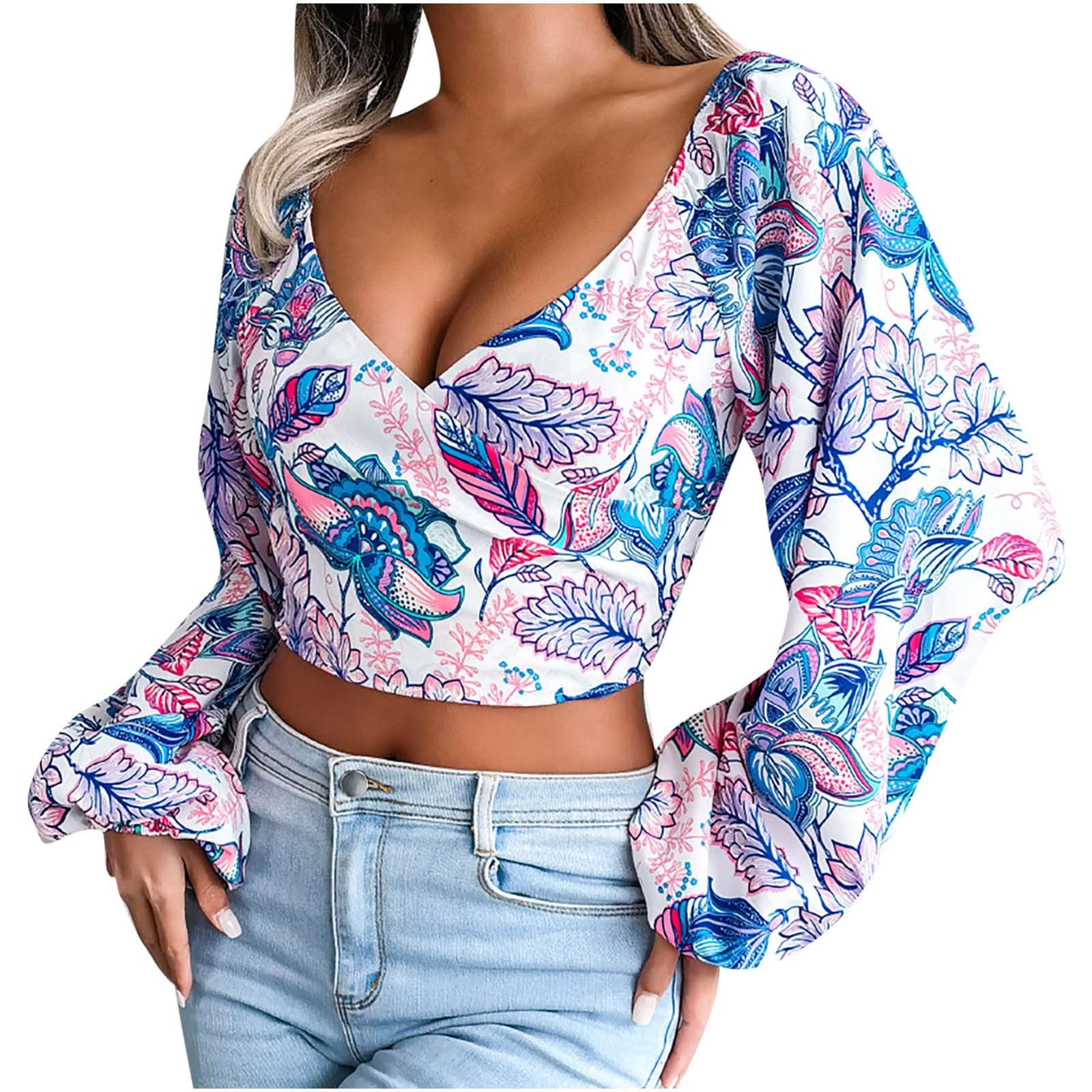 Women's Lantern Sleeve Crop Blouse - Floral Print Chiffon Knotted T-Shirt with U Neck & Long Sleeves | Perfect for Casual Outings, Date Nights & Summer Fashion