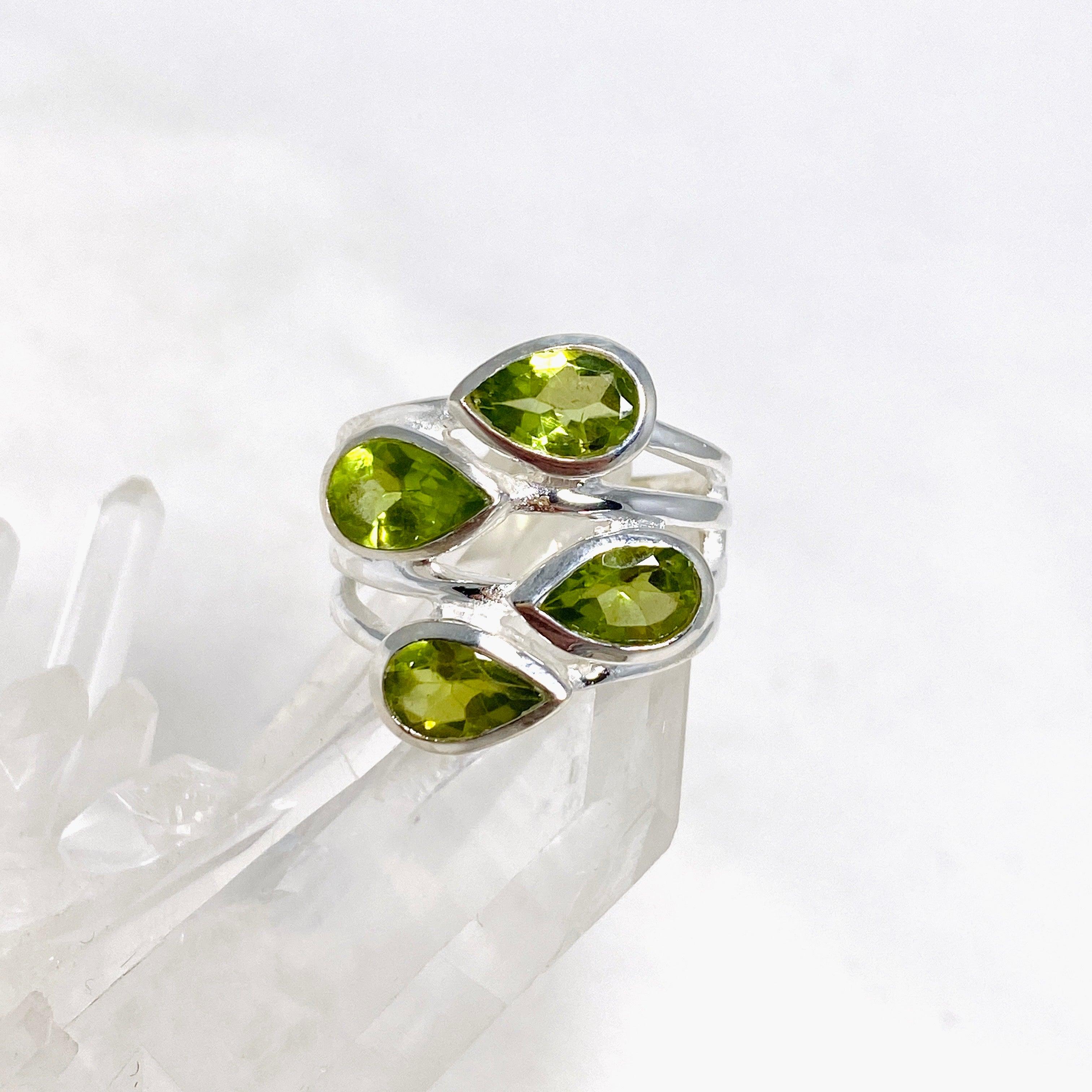 Peridot Multi-Stone Faceted Teardrop Ring R3815 - Elegant Green Gemstone Jewelry for Women, Perfect for Weddings, Parties & Special Occasions