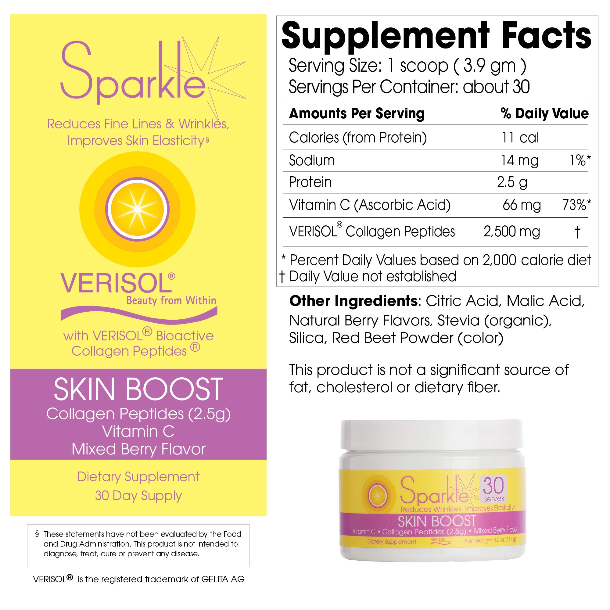 Sparkle Skin Boost Mixed Berry Collagen Peptides Powder - 30 Servings with Verisol Collagen & Vitamin C for Glowing Skin | Anti-Aging Supplement for Smooth Skin & Hydration | Perfect for Post-Workout Recovery & Daily Beauty Routine