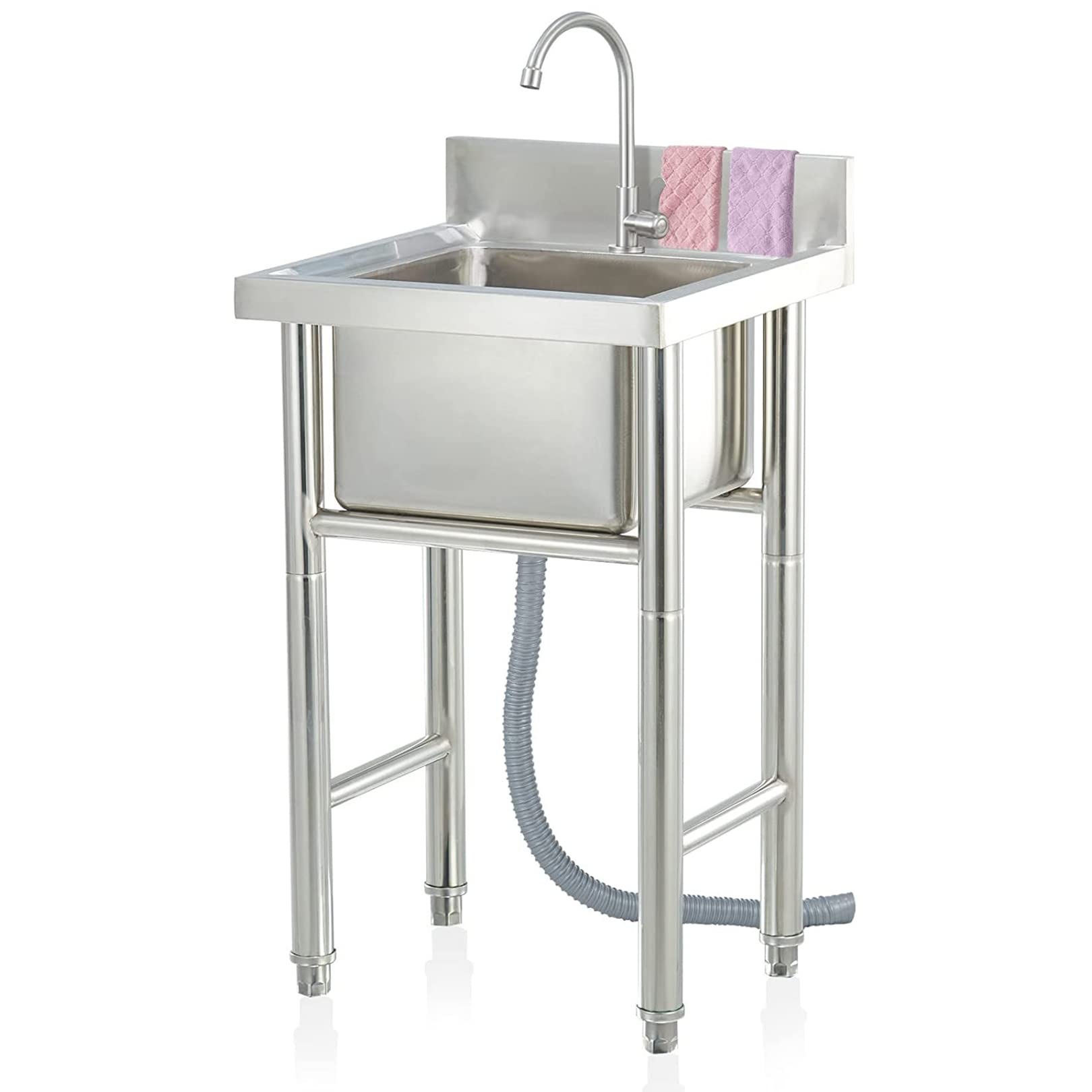 Premium Free-Standing Handmade Stainless Steel Single Bowl Kitchen Sink with Basket Strainer & Faucet - Durable Utility Sink for Garages, Outdoor Kitchens & RV Camping