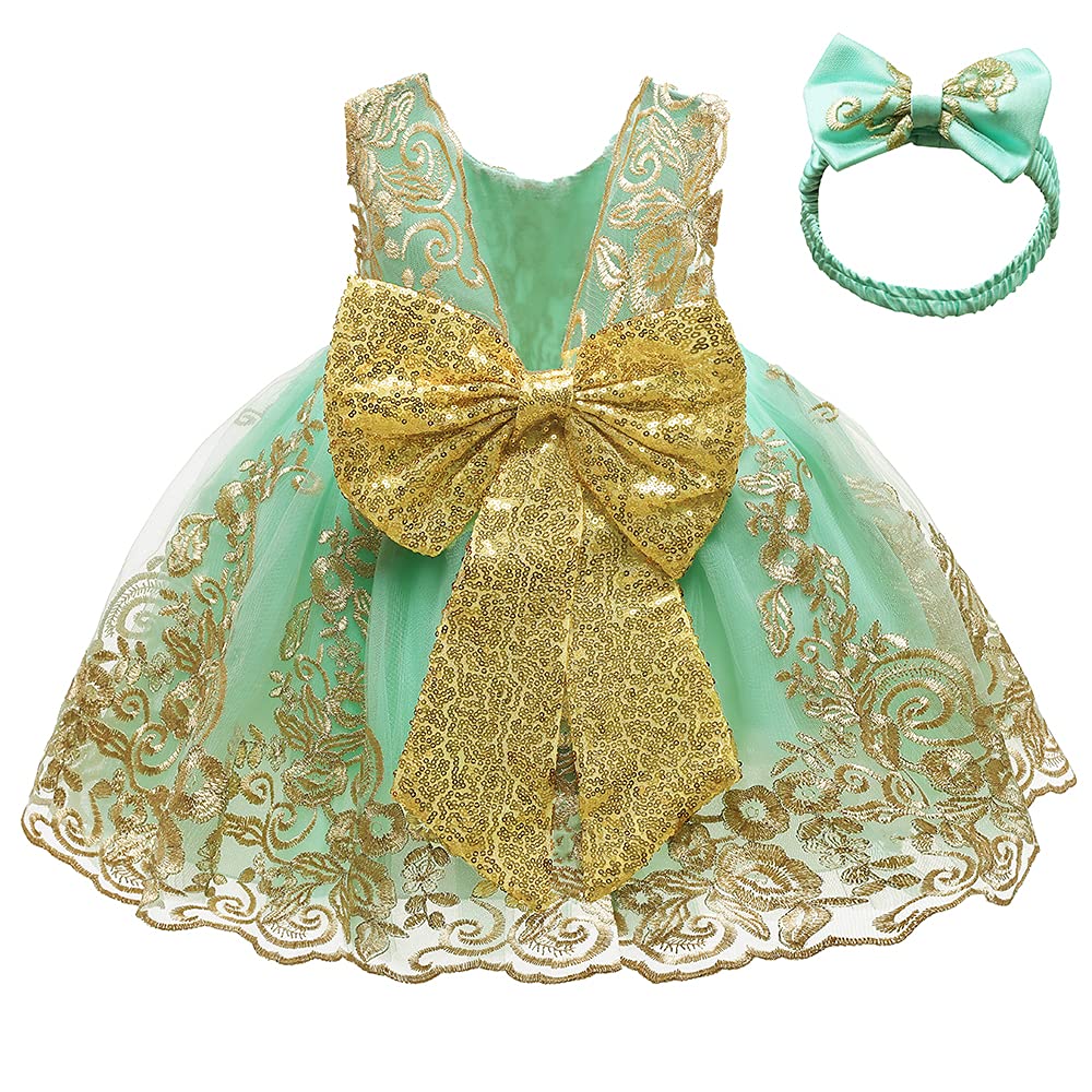 0-6T Big Bowknot Sequins Toddler Baby Girls Embroidered Lace Dresses with Headwear - Elegant Party Outfits for Birthday, Christmas & Special Occasions