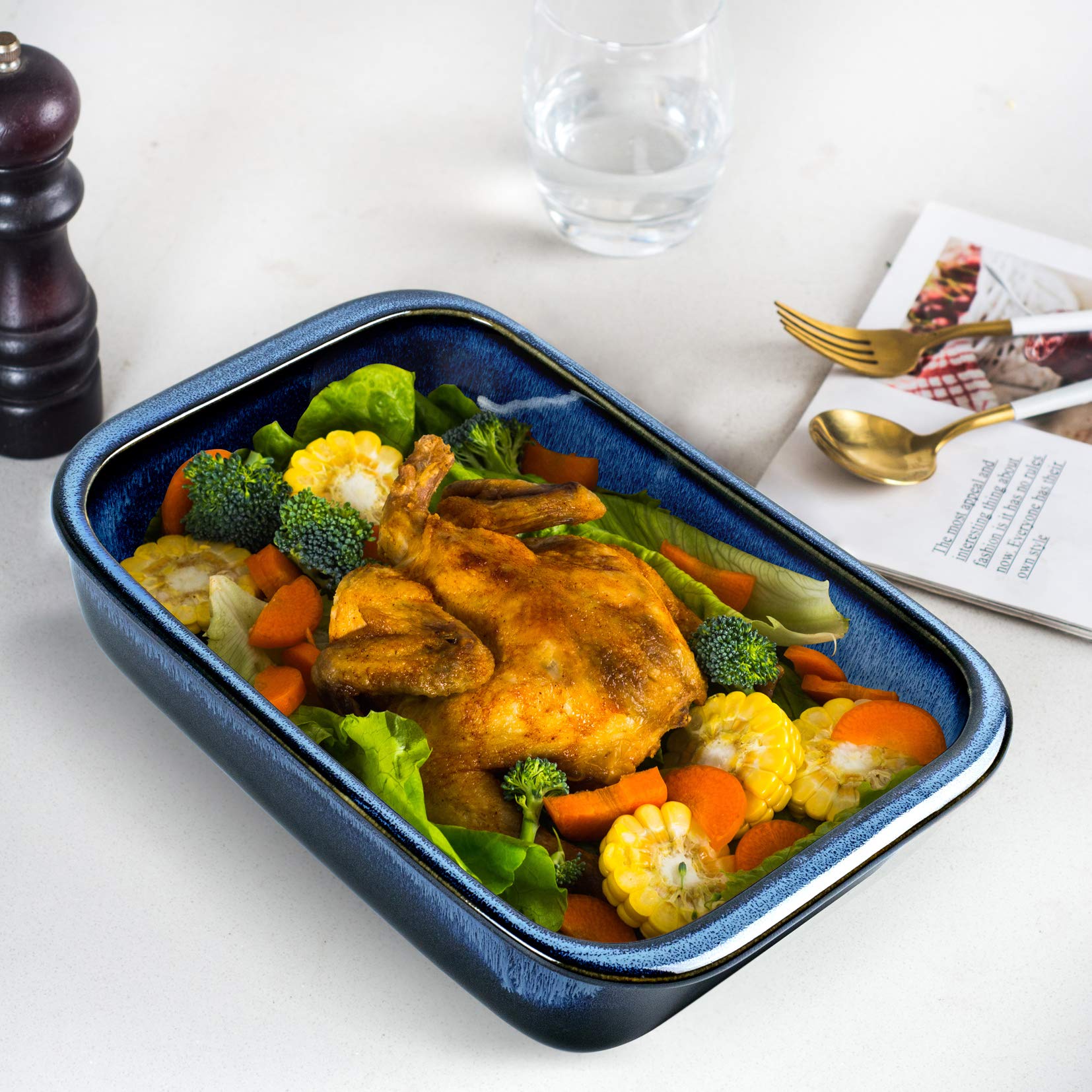 Henten Home 3-Piece Ceramic Baking Dish Set - Porcelain Bakeware for Oven & Microwave, Oblong Casserole & Rectangular Baking Tray with Reactive Glaze (Blue) - Perfect for Lasagna, Casseroles & Holiday Meals