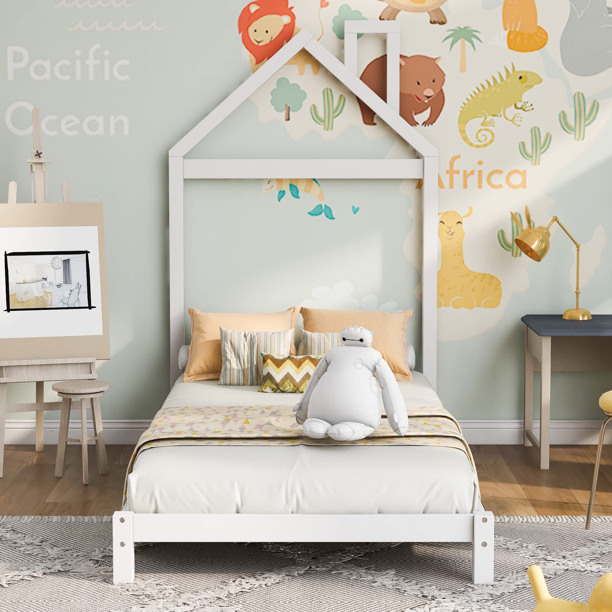 Twin Size Wood Platform Bed Frame with House Shaped Headboard - No Box Spring Needed, White - Perfect for Kids Rooms, Guest Bedrooms & Small Spaces