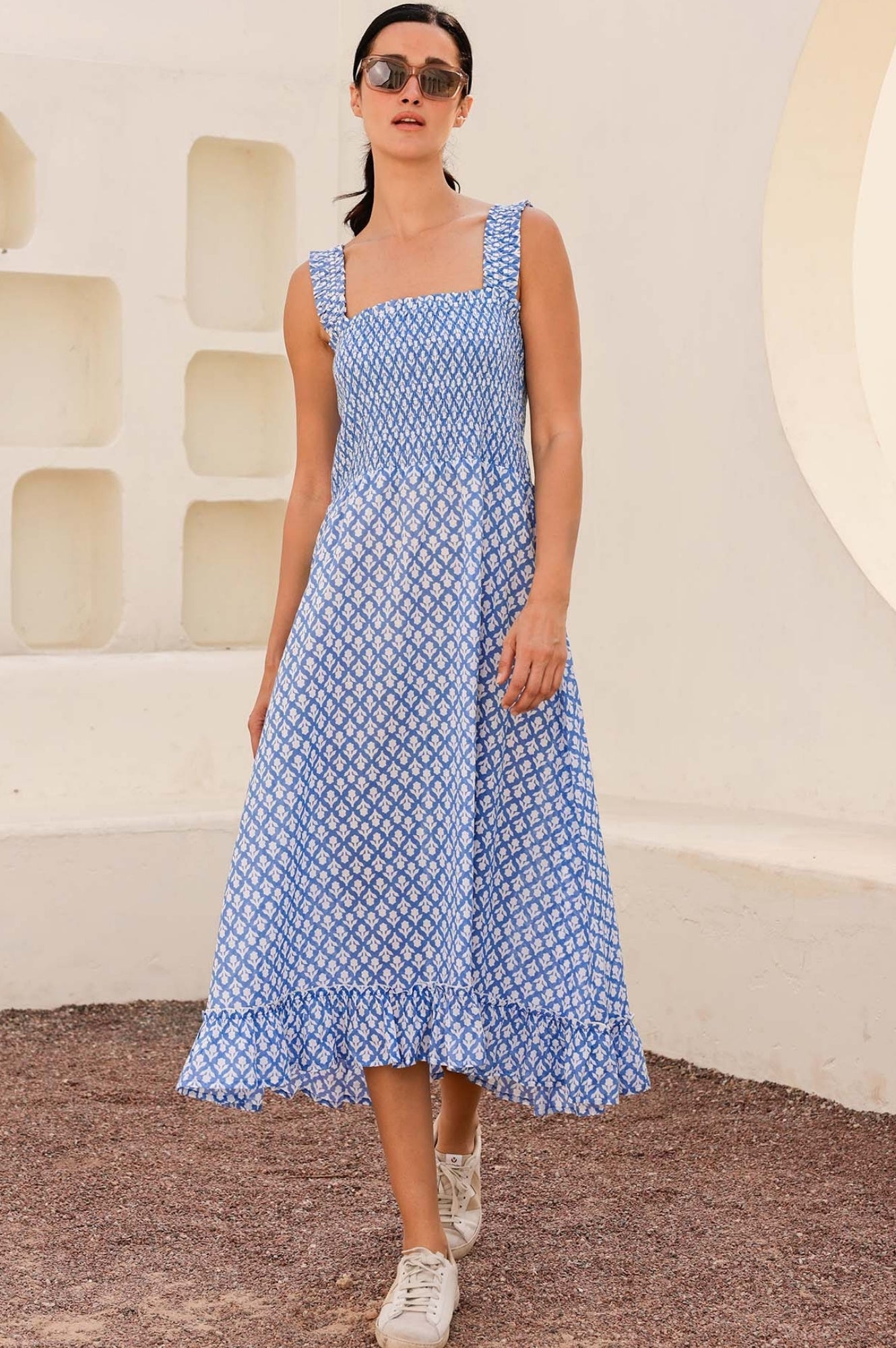 Rhianna Organic Cotton Dress with Floral Print - Cornflower Blue & White | Summer Casual Wear, Beach Outfit, Boho Style Fashion