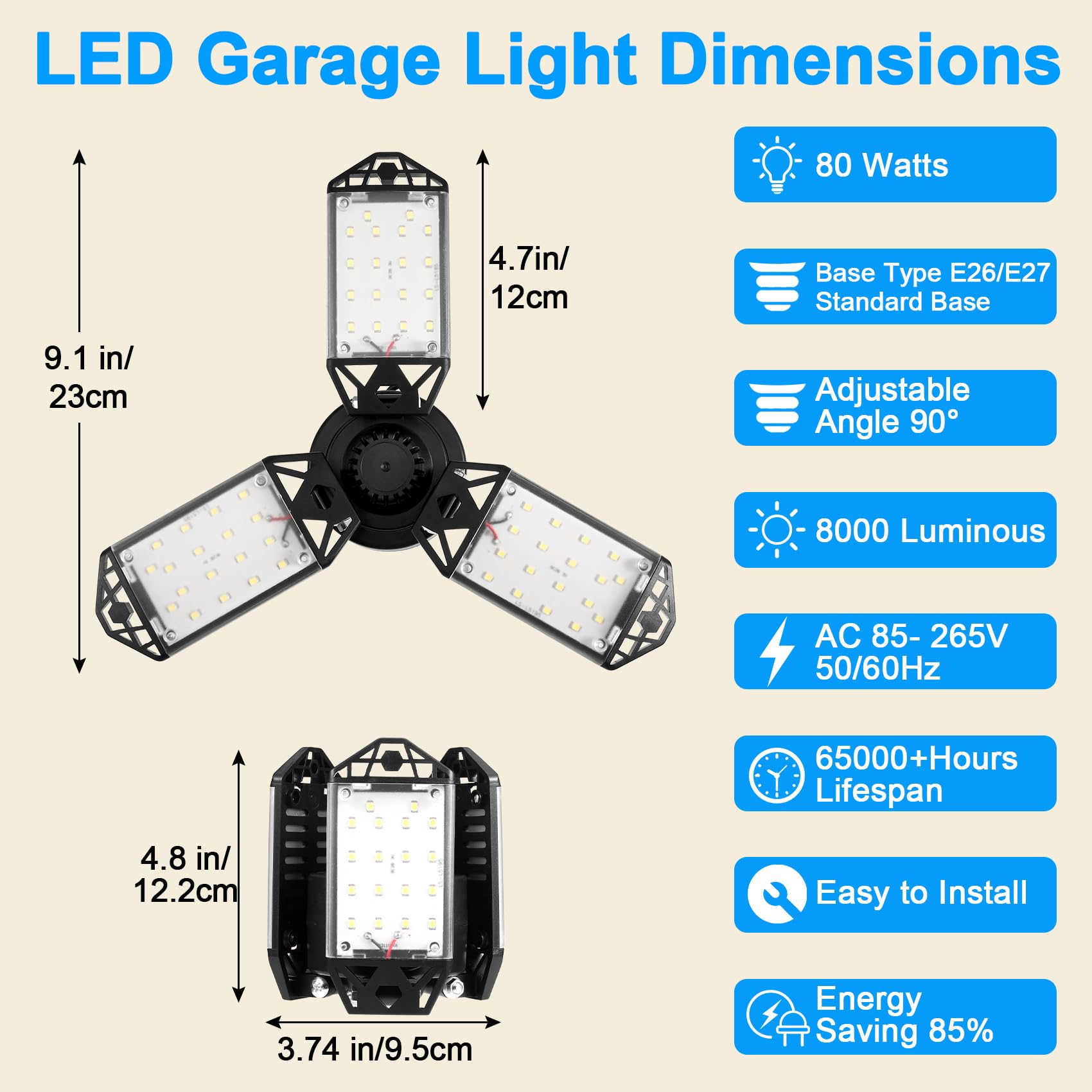 Kofarrten LED Garage Lights - 8000LM Super Bright, 80W 6500K Adjustable Shop Lighting for Garage, Workshop, Basement & Warehouse (2 Pack) - Perfect for Home Improvement, Auto Repair & DIY Projects