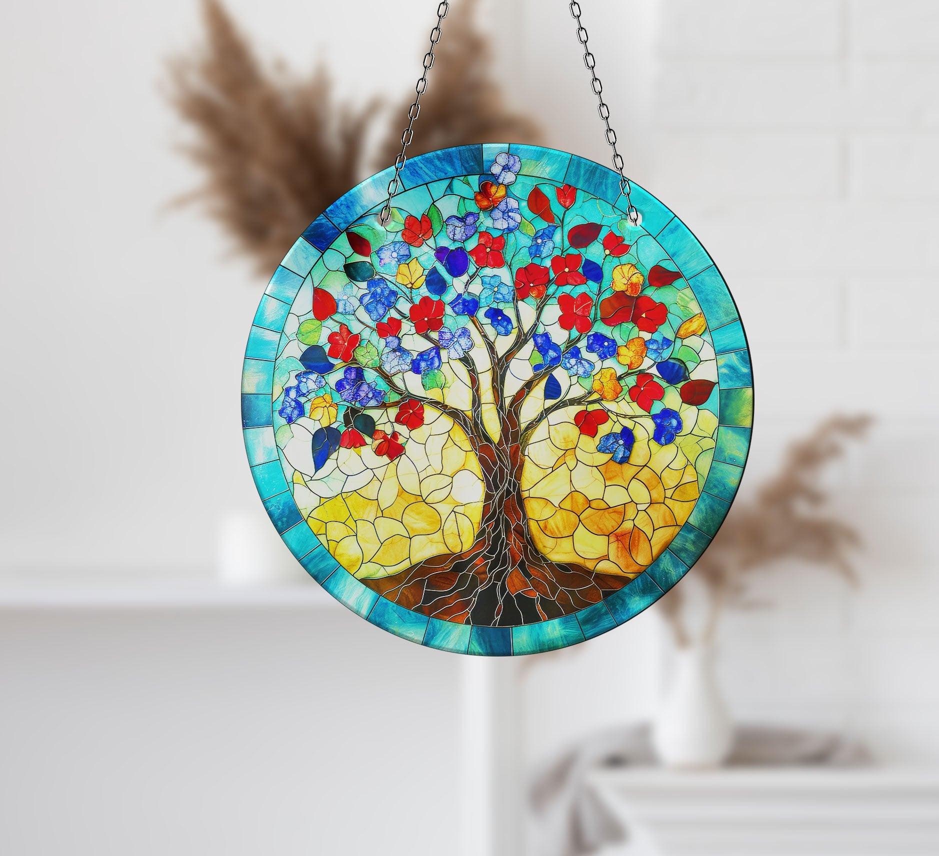 Blue Tree of Life Suncatcher - Handmade Stained Glass Window Decor for Home, Office & Garden - Perfect for Gifts & Spiritual Decorations