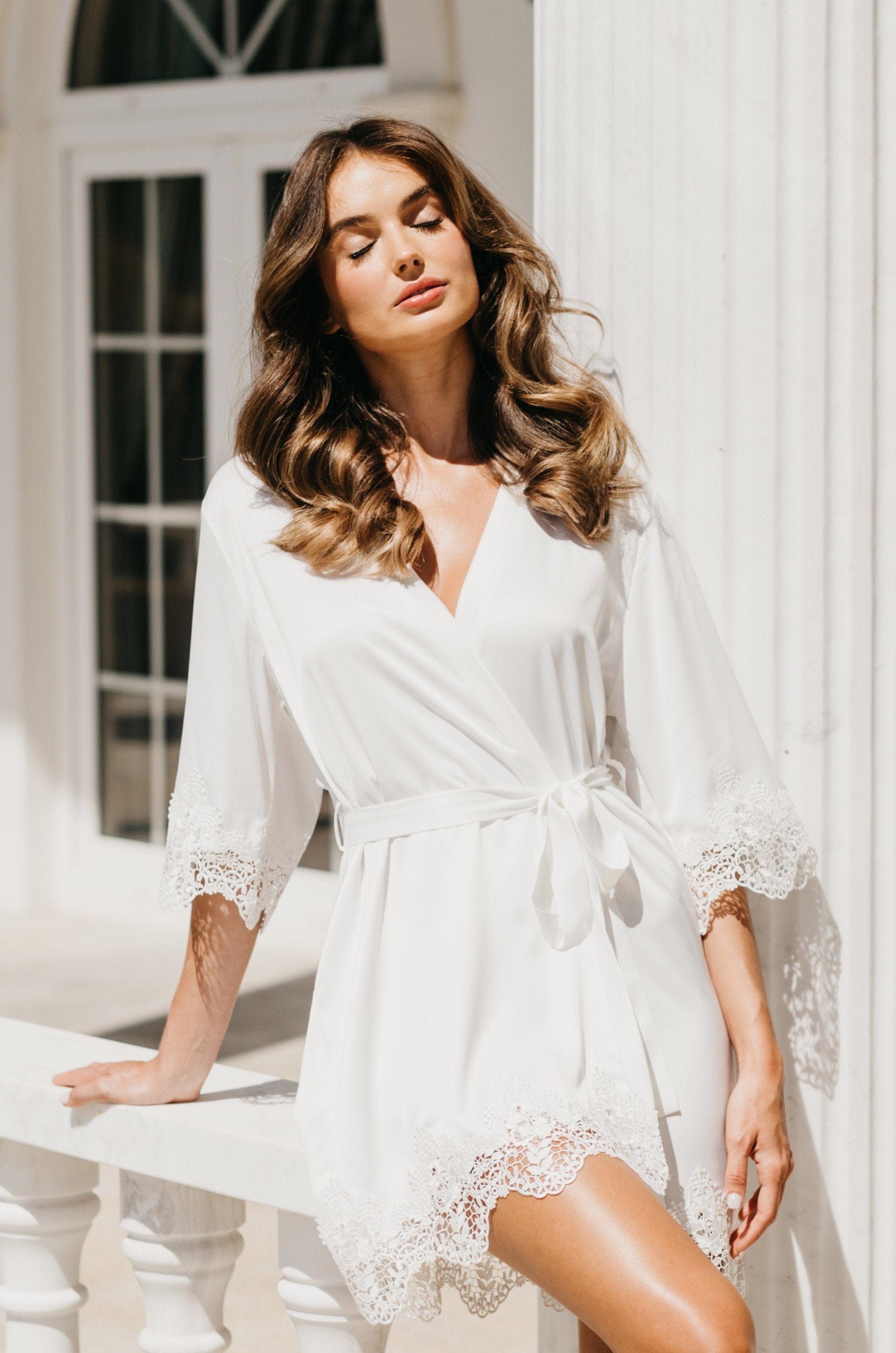 Elegant Chiara Lace Trim Robe - Women's Floral Lace Kimono Bathrobe for Spa, Bridal Shower & Luxury Homewear