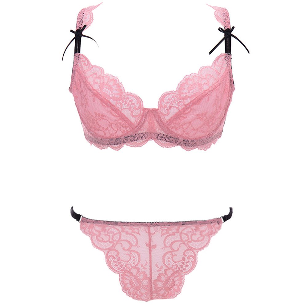 Sexy Lace 2 Rows Underwire Push Up Bra & Panty Set - Sheer Thin Lingerie for Women | Perfect for Date Night, Bridal Shower & Romantic Occasions