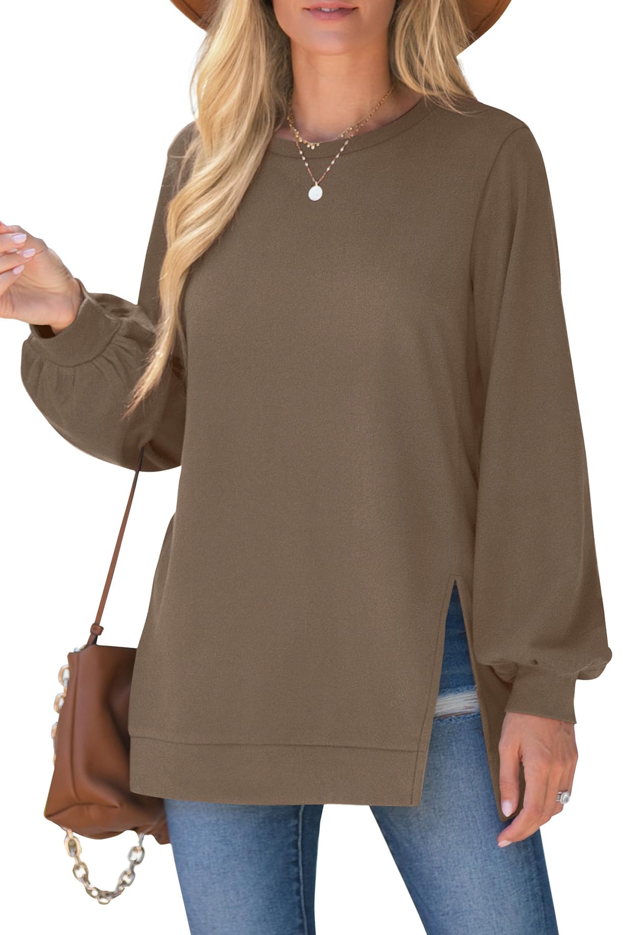 WIHOLL Women's Casual Sweatshirt - Crew Neck, Balloon Sleeve & Split Hem Tunic Top for Fall/Winter | Perfect for Office, Date Night & Weekend Outfits