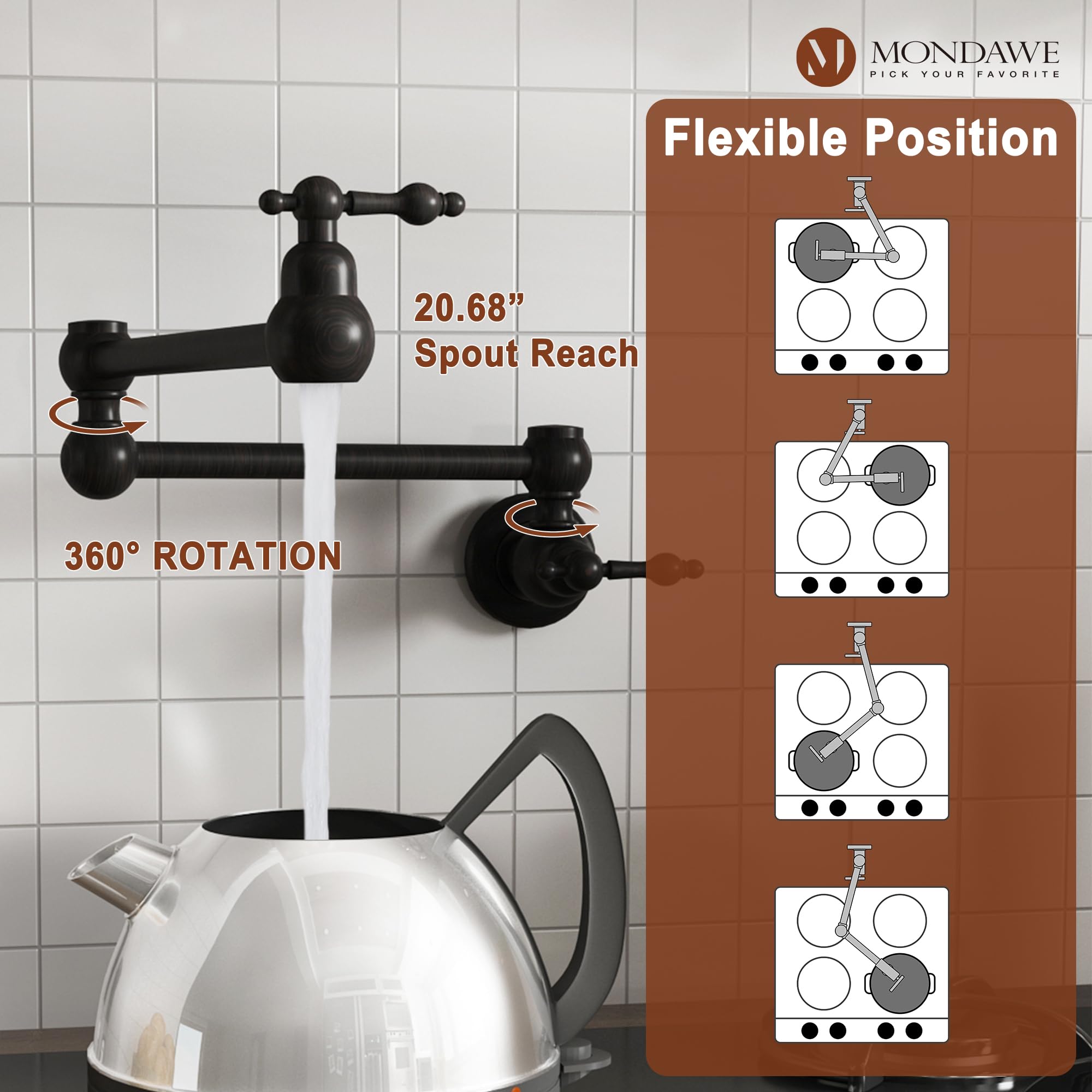 MONDAWE Matt Black Pot Filler Faucet - Brass Wall Mount Stove Faucet with Double Handle & 360° Rotation - 1.8 GPM Kitchen Sink Faucet for Pasta Cooking & Soup Making - Perfect for Modern Farmhouse & Commercial Kitchens