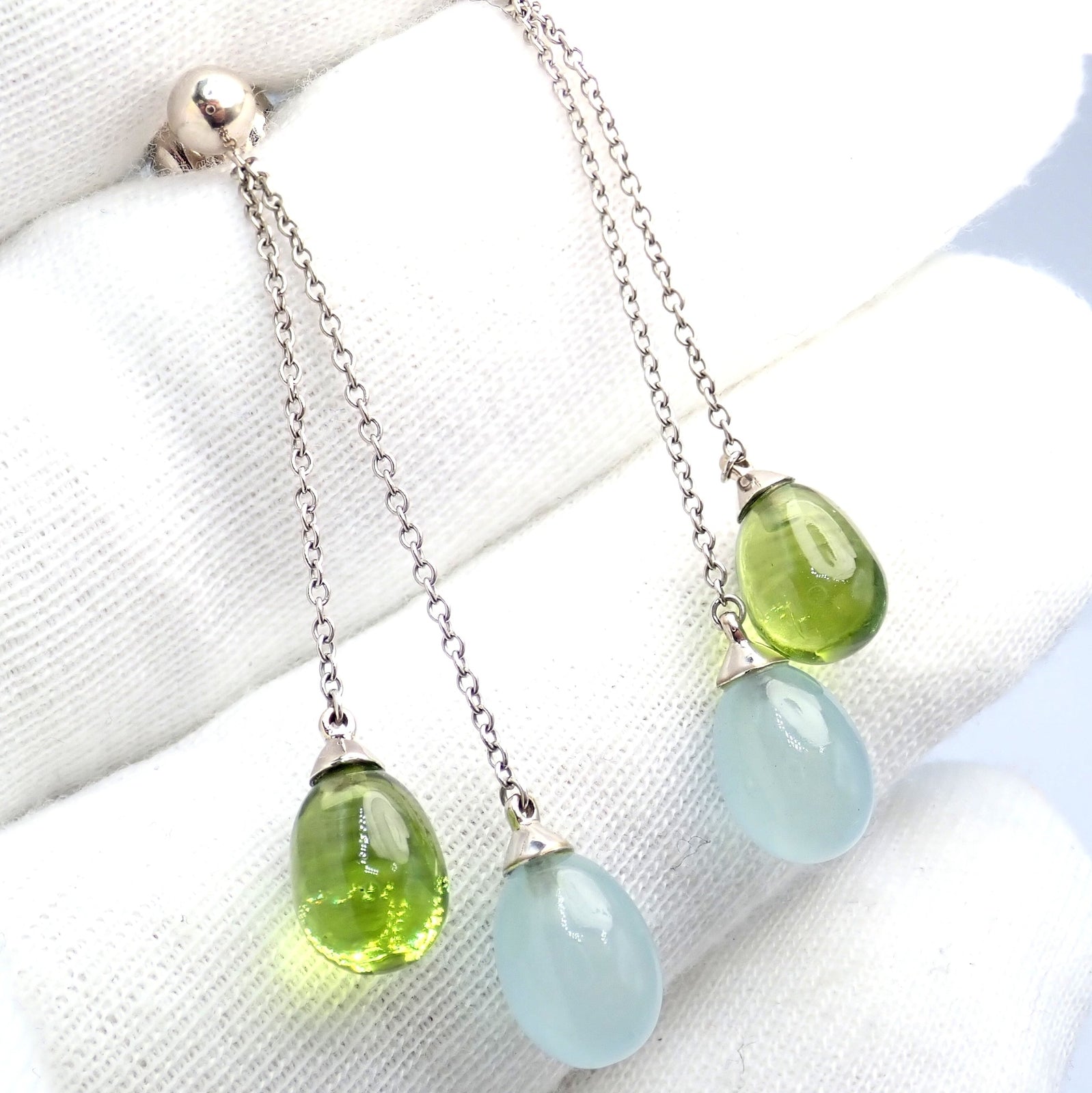 Authentic Tiffany & Co 18K White Gold Rainbow Drop Peridot Chalcedony Earrings for Women | Elegant Gemstone Dangle Earrings for Parties, Weddings & Special Occasions